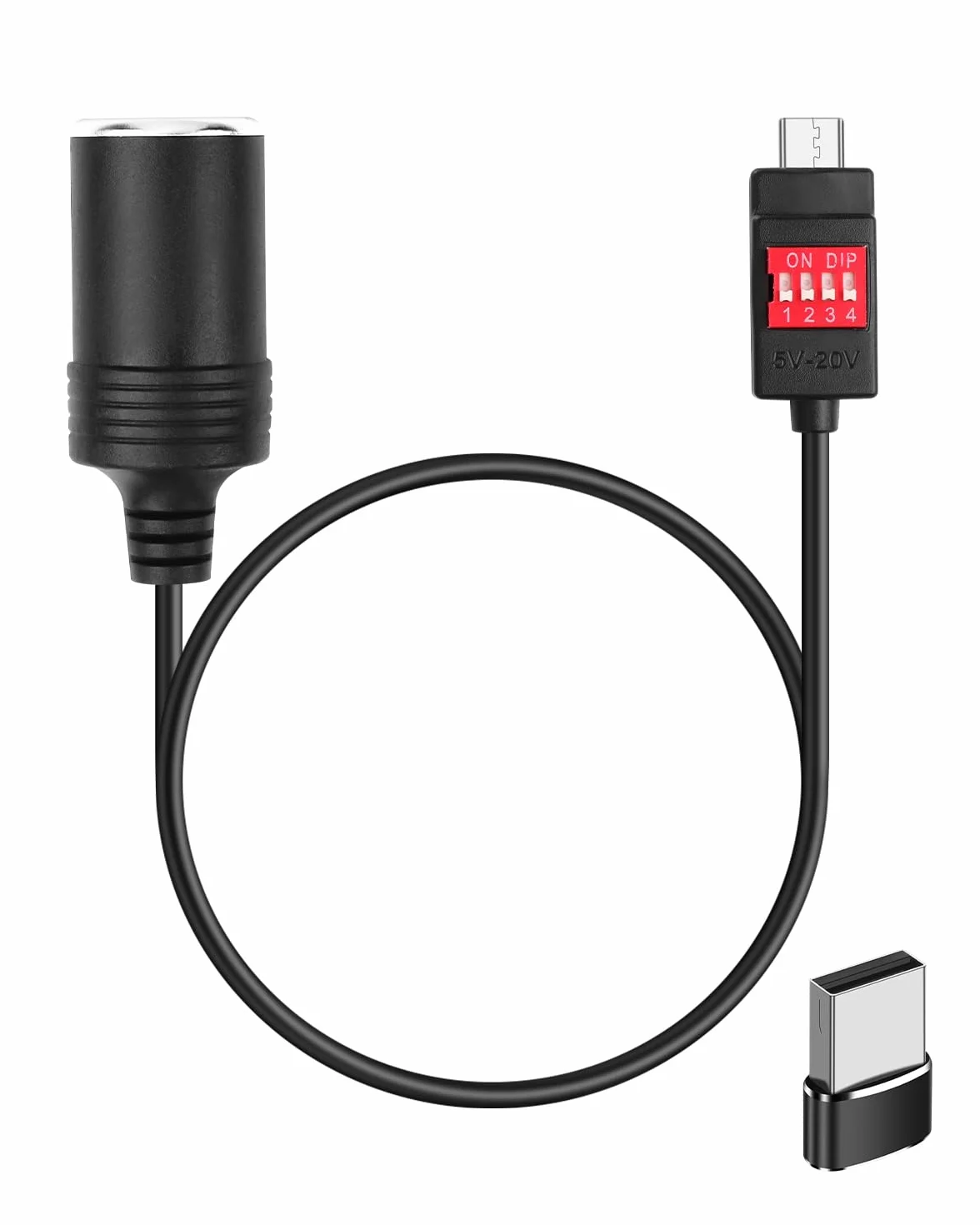 Adattatore USB C a accendisigari auto, 100 W, con adattatore USB A, interruttore DIP regolabile da 5 V/9 V/12 V/15 V/20 V, per dash cam, GPS, ecc