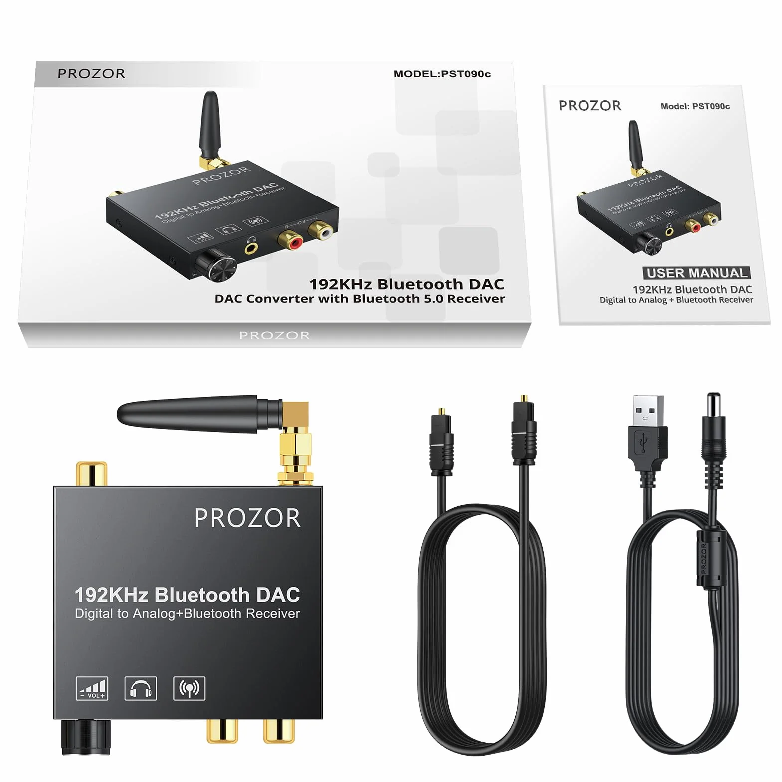 PROZOR Convertitore DAC 192kHz Bluetooth 5.0 Volume Regolabile Adattatore Audio Digitale Coaxial Toslink Analogico Stereo L/R RCA 3.5mm