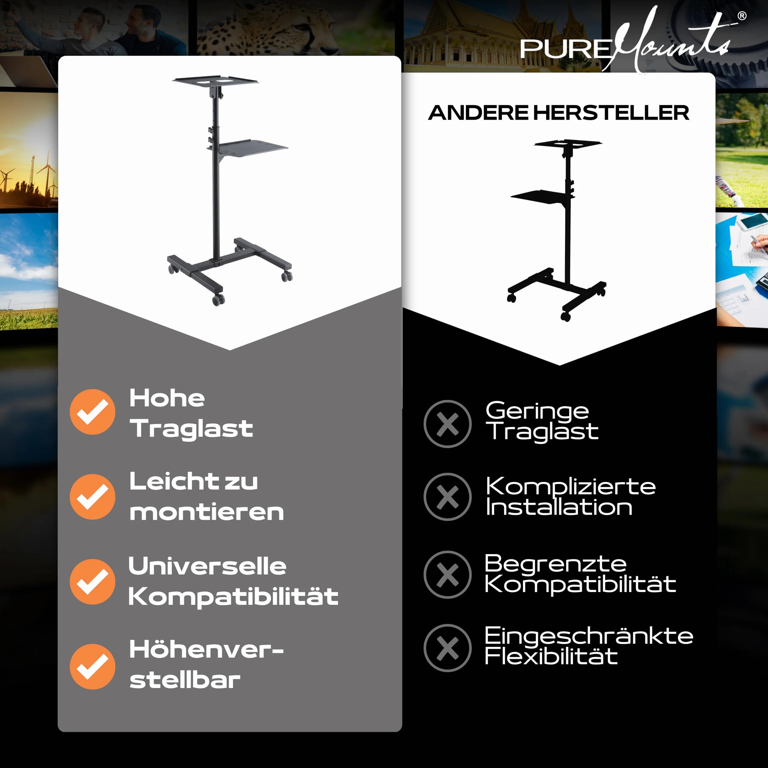 PureMounts PCART-10 - carrello/tavolo da proiezione inclinabile, regolabile in modo flessibile (da 950 mm a 1450 mm), capacità di carico 10 kg, colore nero, auto beamer: 950-1450mm
