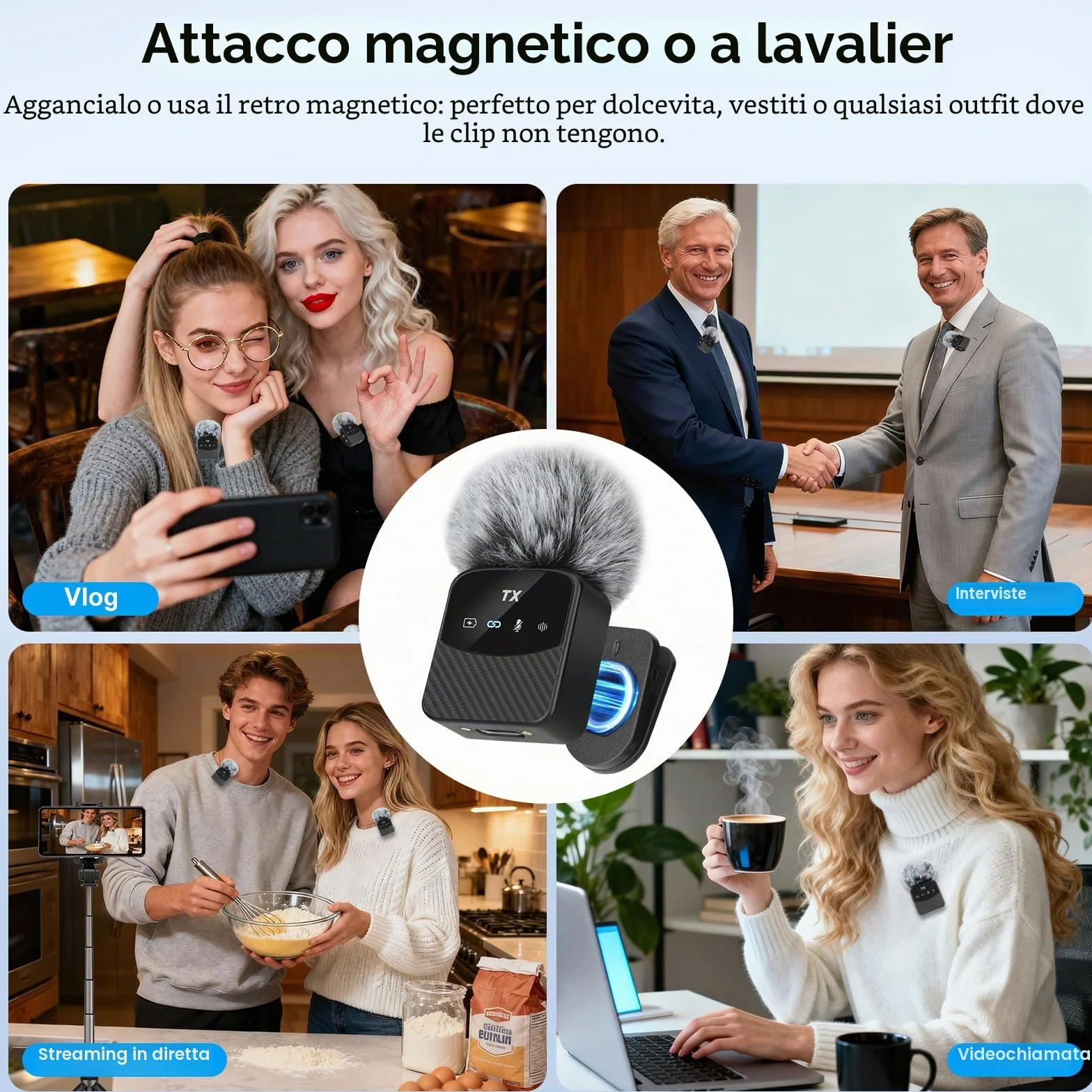 Microfono Lavalier Mini per iPhone/iPad/Android, Mini Microfono Plug-Play, Riduzione del Rumore, Durata di Utilizzo di 25 Ore, Microfono Senza Fili Lavalier per Video, Vlog, YouTube, TikTok, Streaming