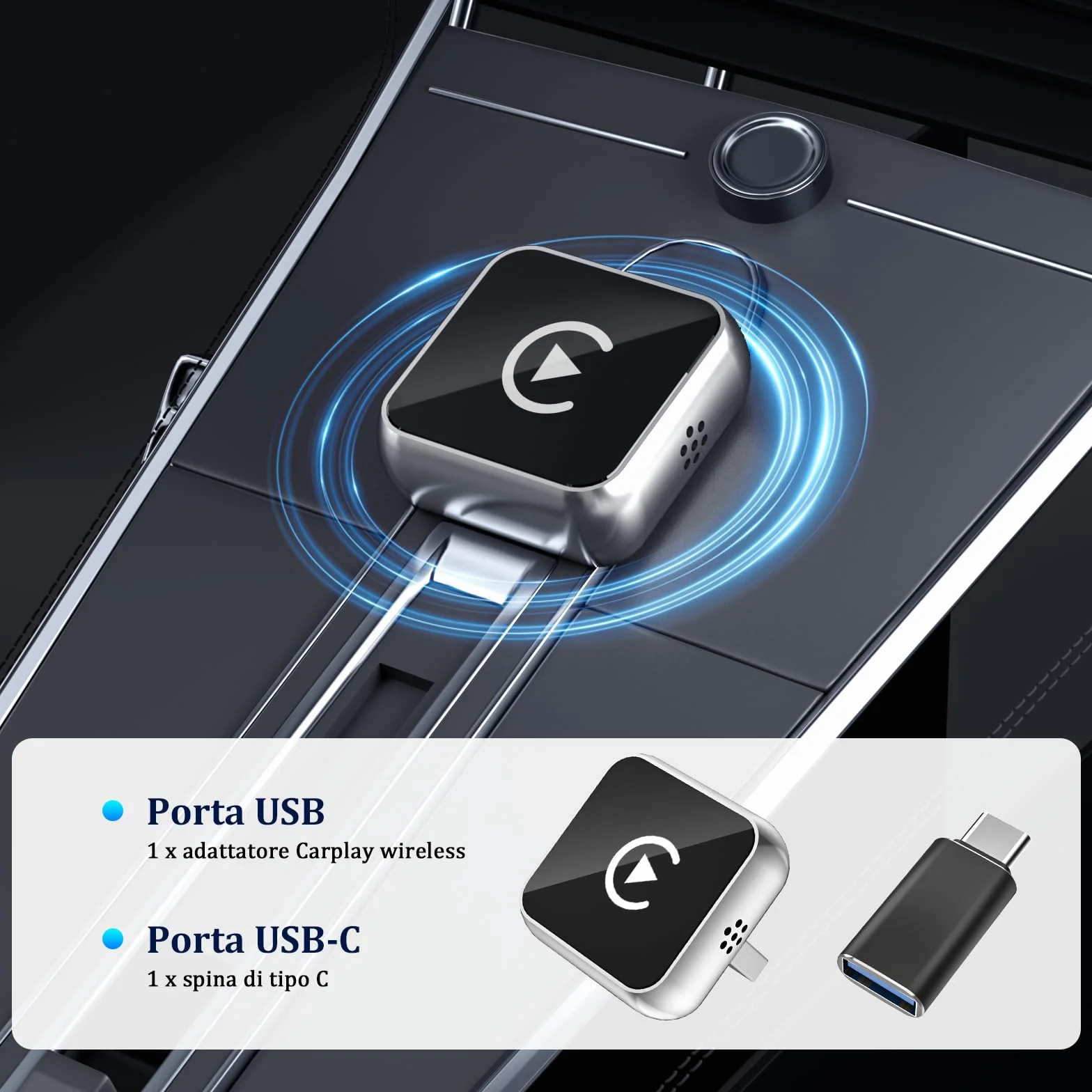Adattatore Wireless Android Auto CarPlay 2-in-1 USB Type-C per Apple, Chiavetta Dongle Compatibile con iPhone iOS 10+ e Android 11+, Argento