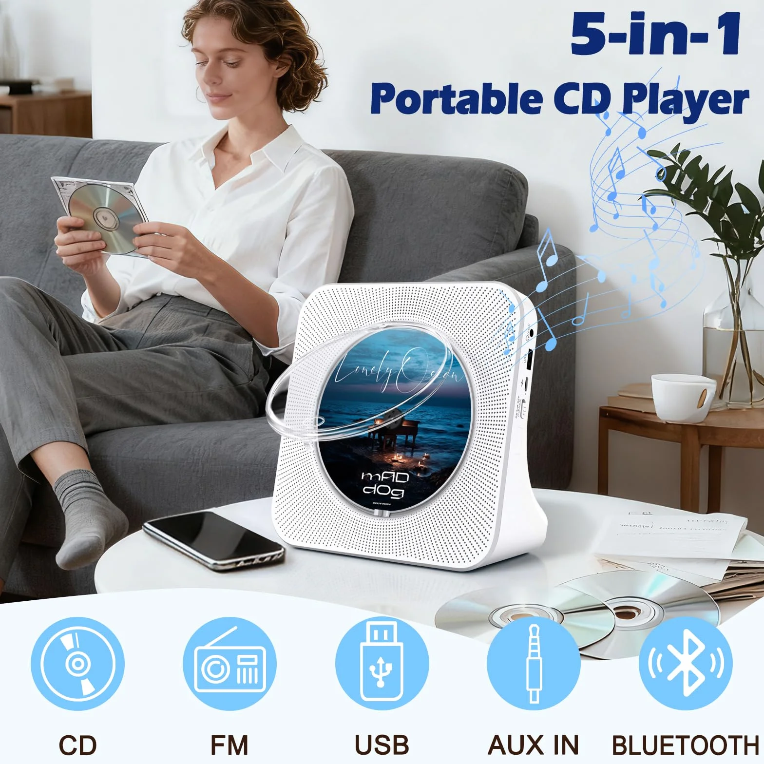 Lettore CD Portatile HIFI Bluetooth con Display LCD, Lettore Musicale Verticale con USB e Timer