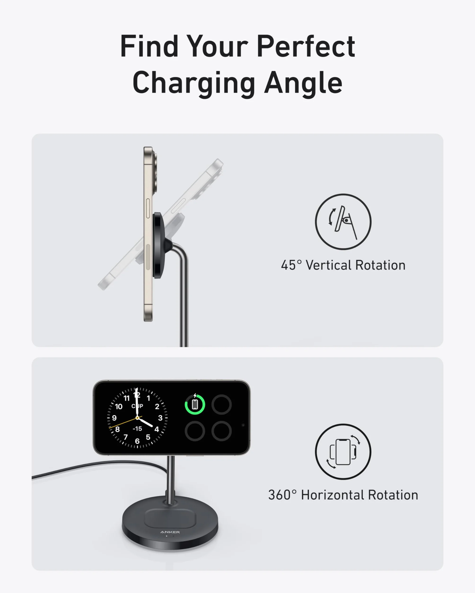 Anker Caricatore Wireless iPhone 15W Supporto di Ricarica Regolabile 2 in 1 con Cavo USB-C da 1,5m, doppio LED, Ricarica Ultraveloce 15W MagSafe per iPhone serie 16/15 e AirPods (senza adattatore AC)