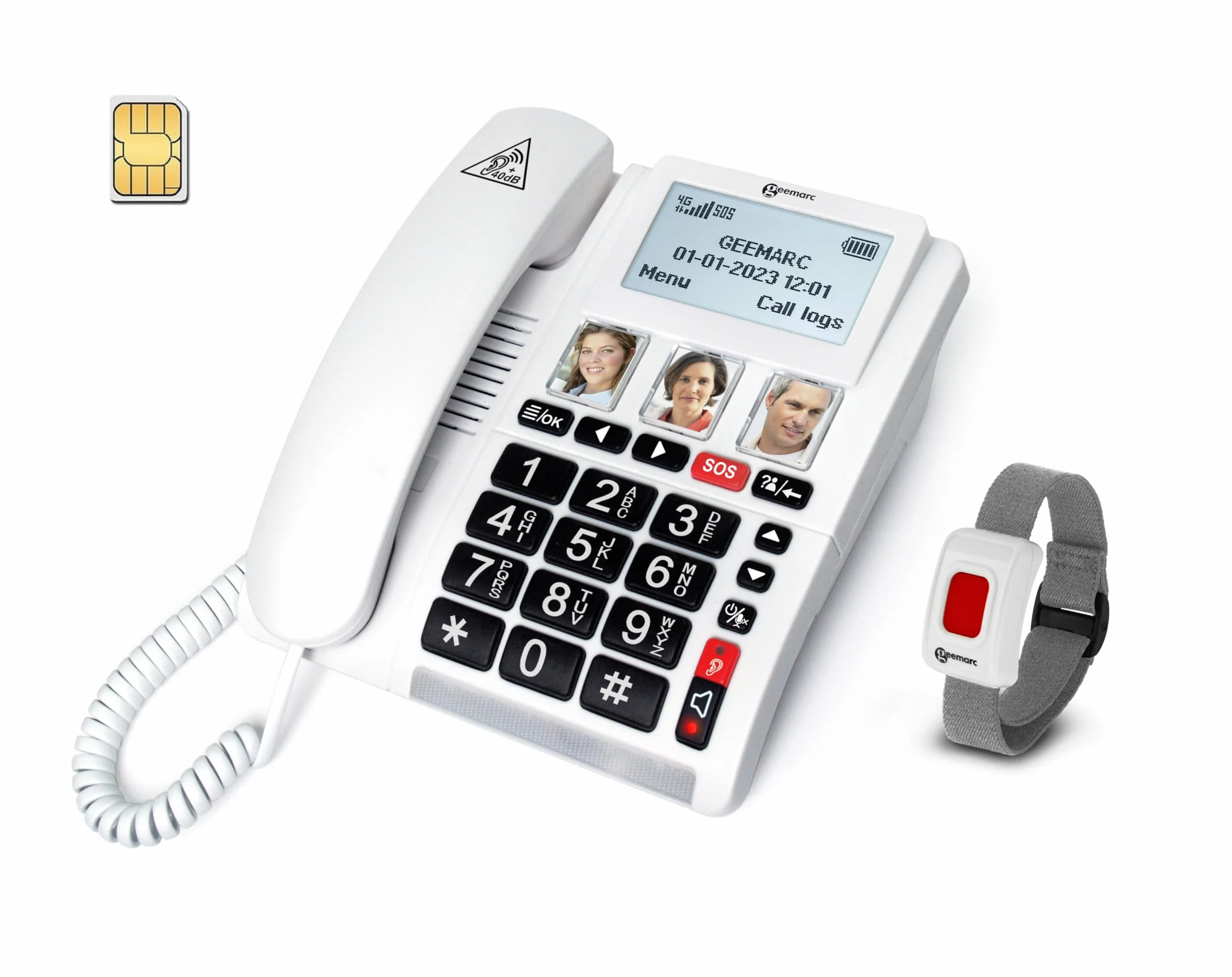 Geemarc CL9000 - Telefono di chiamata di emergenza per la casa e il suo braccialetto SOS impermeabile con grandi pulsanti, volume amplificato e schermo retroilluminato, funziona solo con scheda SIM