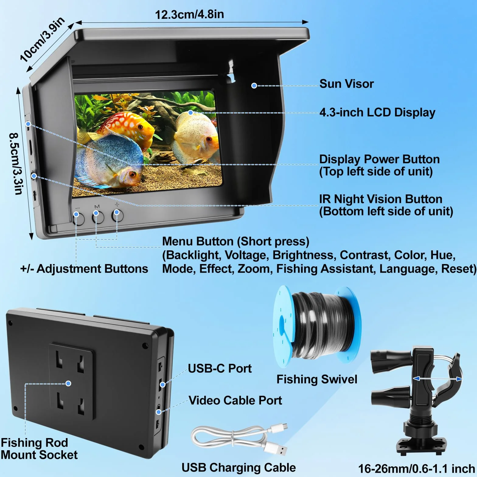 Underwater Fishing Camera, 5000mAh Battery Fish Finder Camera Waterproof with 4.3 Inch IPS Display and 30M Cable, 220° Wide Angle Night Vision for Ice, River and Boat Fishing