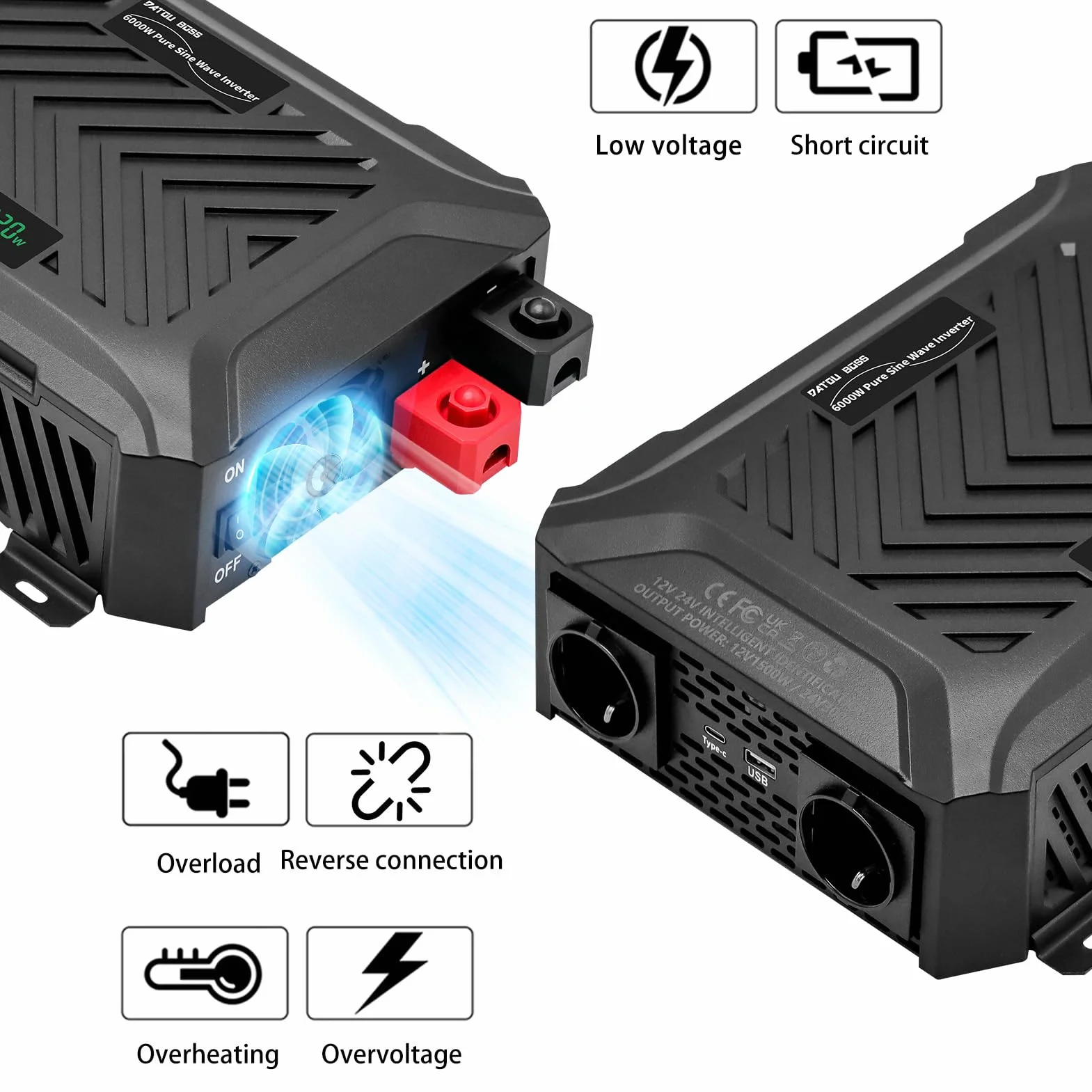 DATOUBOSS Inverter Onda Sinusoidale Pura 12V/24V a 220V Convertitore Universale Onda Pura 3000W con sistema di rilevamento intelligente, con LCD Display, interfaccia USB, Type-C e 2 presa UE