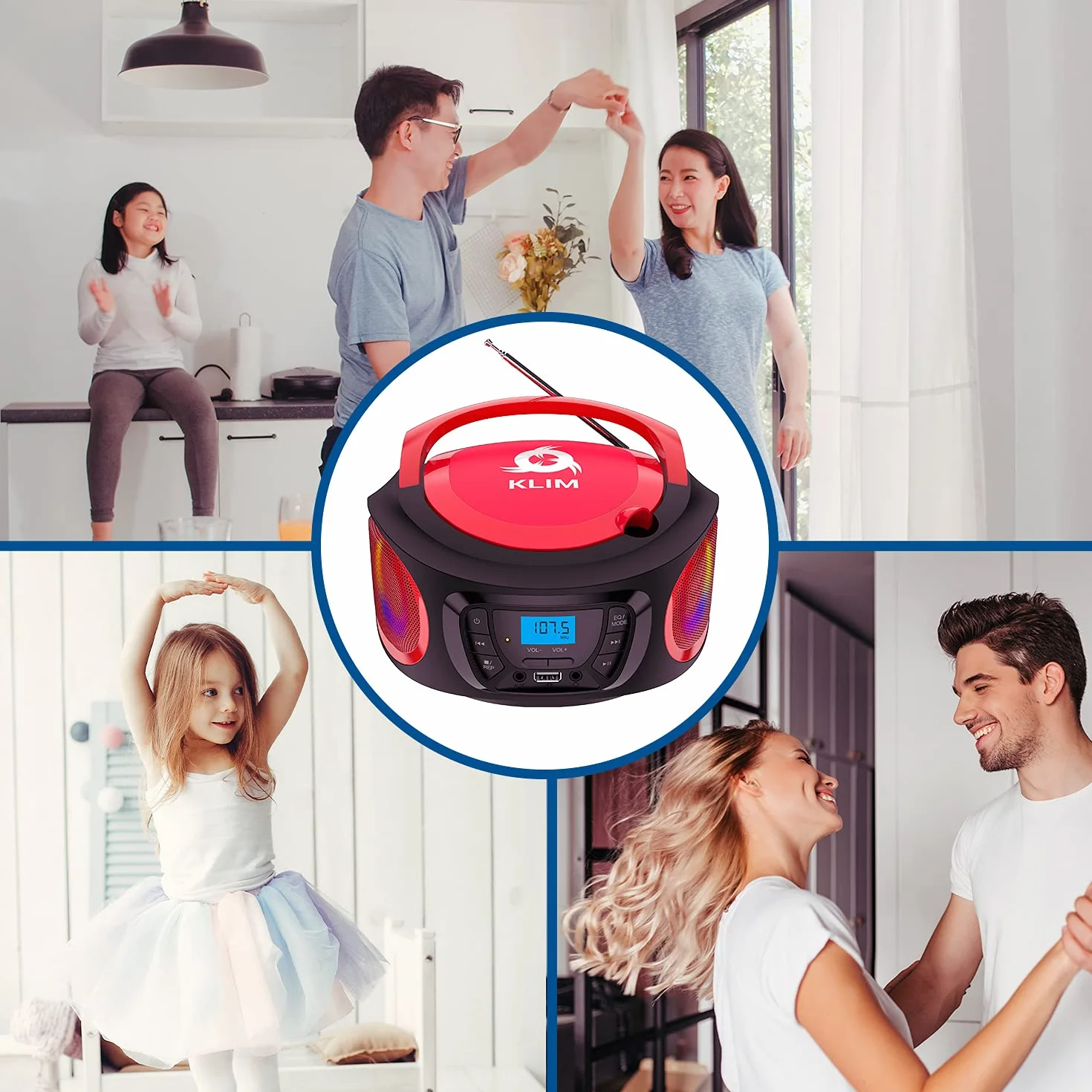 KLIM Boombox – Stereo Portatile Radio portatile FM, lettore cd, Bluetooth, MP3, USB, AUX - Batterie ricaricabili incluse - Connessione AUX e Wireless - Compatto e robusto - NOVITÀ - Rosso