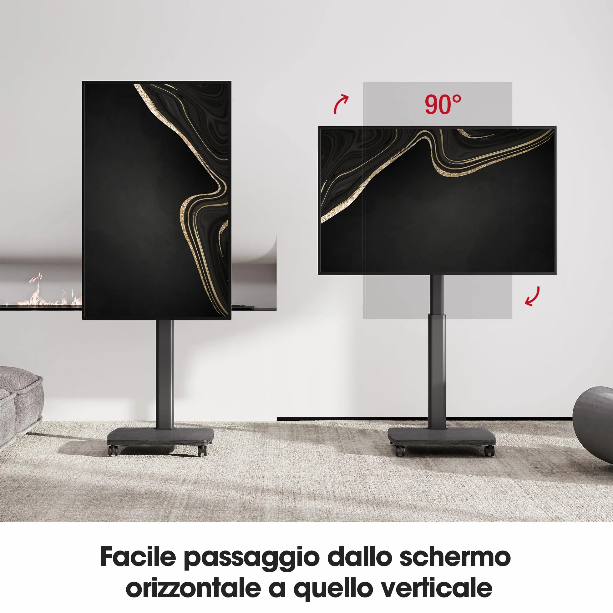 AOKCOS Supporto TV da Pavimento Orizzontale e Verticale per 19-42 Pollici, Carrello Porta TV con Ruote Base in Legno, Inclinazione & Girevole, fino a 20 kg max. VESA 200×200 mm Nero