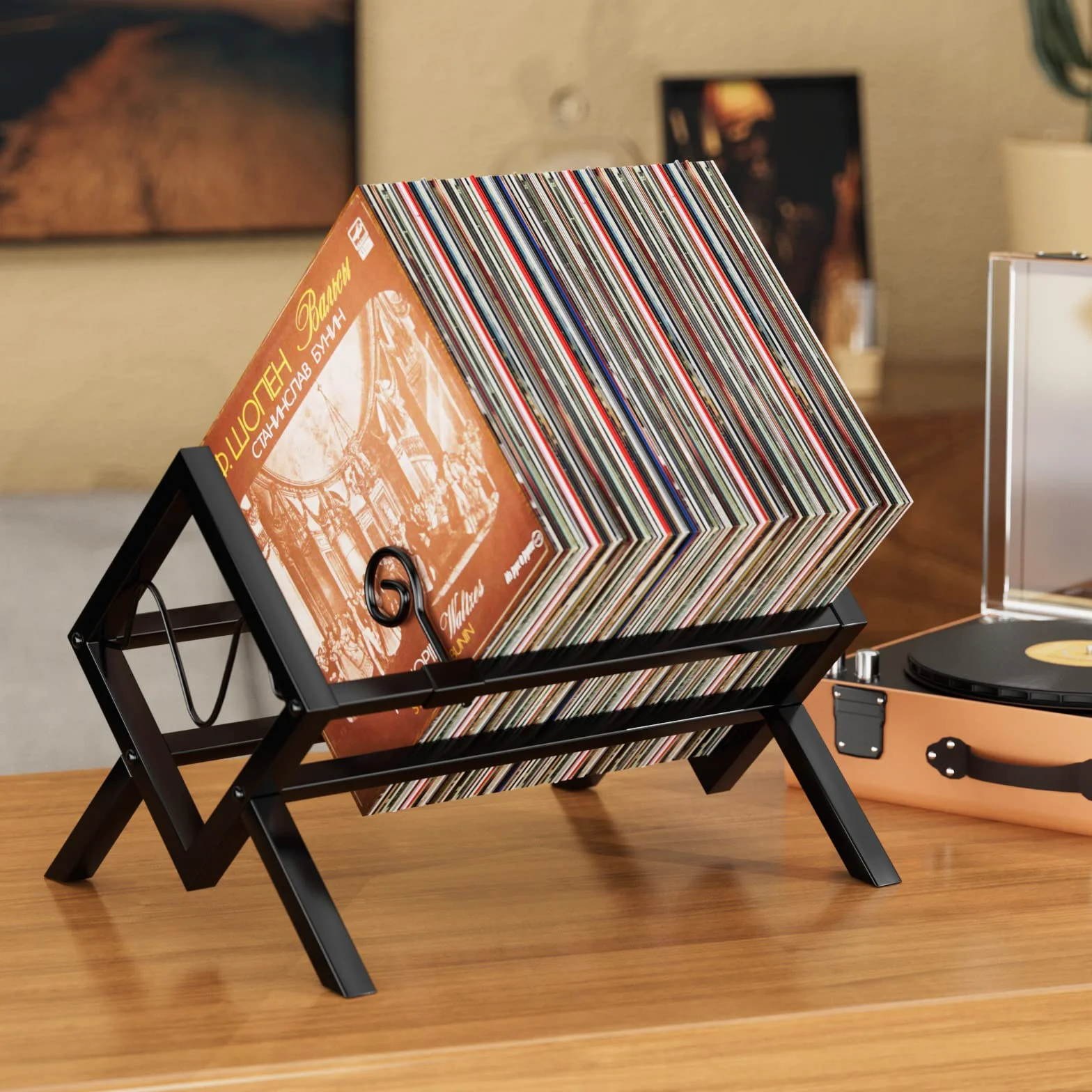 EKNITEY Supporto per dischi in vinile, supporto per dischi in metallo, 80-100 LP, organizer per album audio, facile da montare, nero