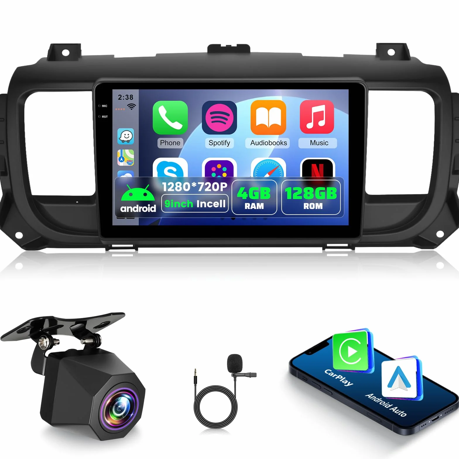 NHOPEEW Autoradio Android 4+128 GB per Citroën Jumpy 3/Peugeot Expert/Toyota Proace 2016-2021 con supporto CarPlay e Android Auto, WiFi, GPS, comandi al volante + telecamera di retromarcia