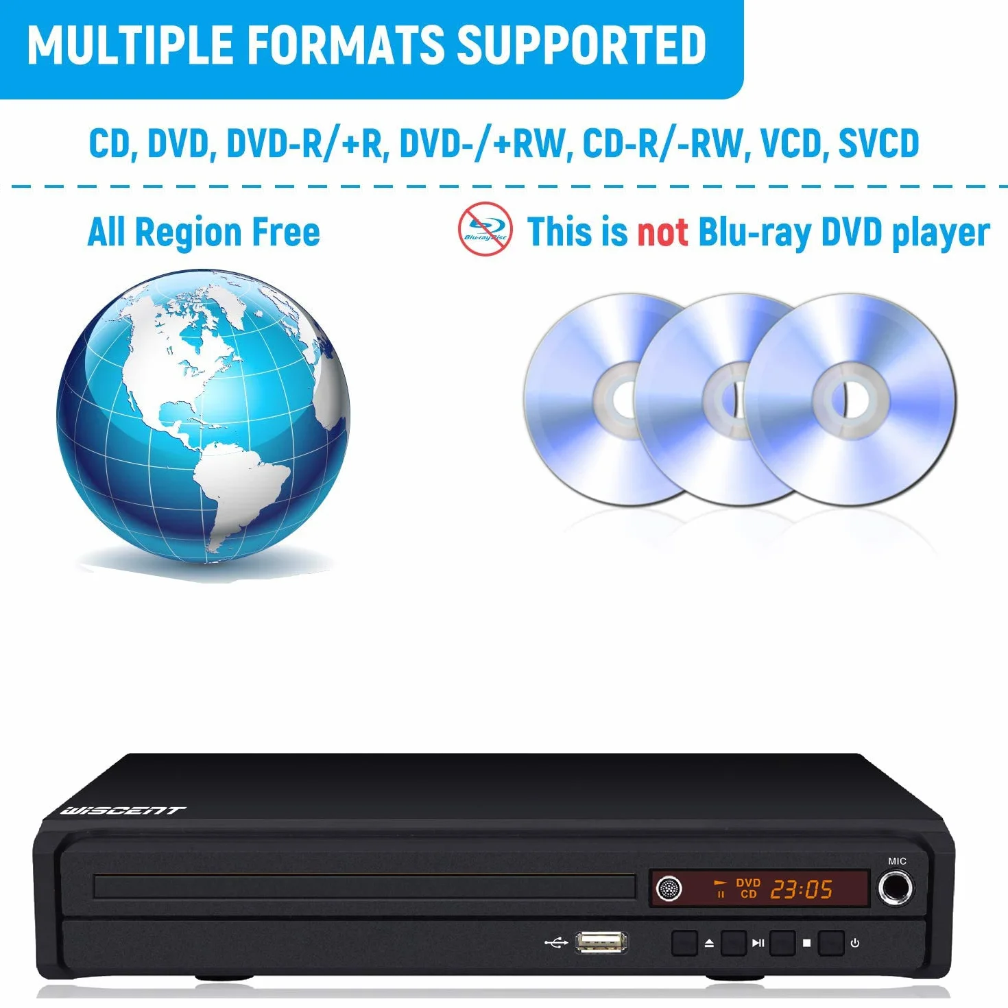 WISCENT Lettore DVD compatto multi-regione, MP3, Mpeg4, USB, HDMI, AV, CD per uso domestico
