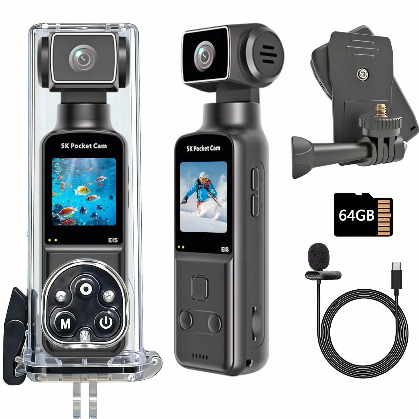 5K Bodycam, Mini Action Cam per Vlog POV, Videocamera Telecamera Portatile con Obiettivo Ruotabile 270°, Fotocamera Subacquea con Microfono Esterno, Clip e Scheda TF da 64 GB