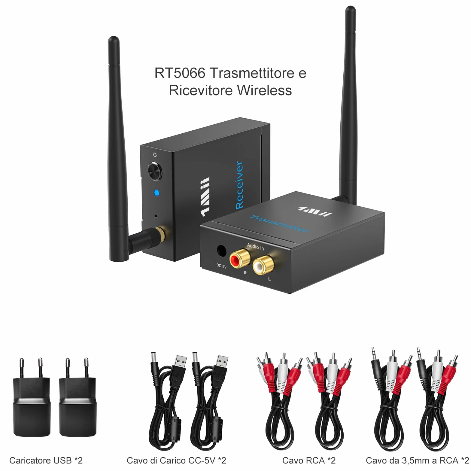 1Mii Trasmettitore Ricevitore Audio Wireless HiFi per TV(1 TX + 1 RX), 2.4 GHz Adattatore Audio RCA Ingresso/Uscita, Lungo Raggio 100m Bassa Latenza per Musica da TV/PC a Subwoofer/Stereo/Casse Attivo