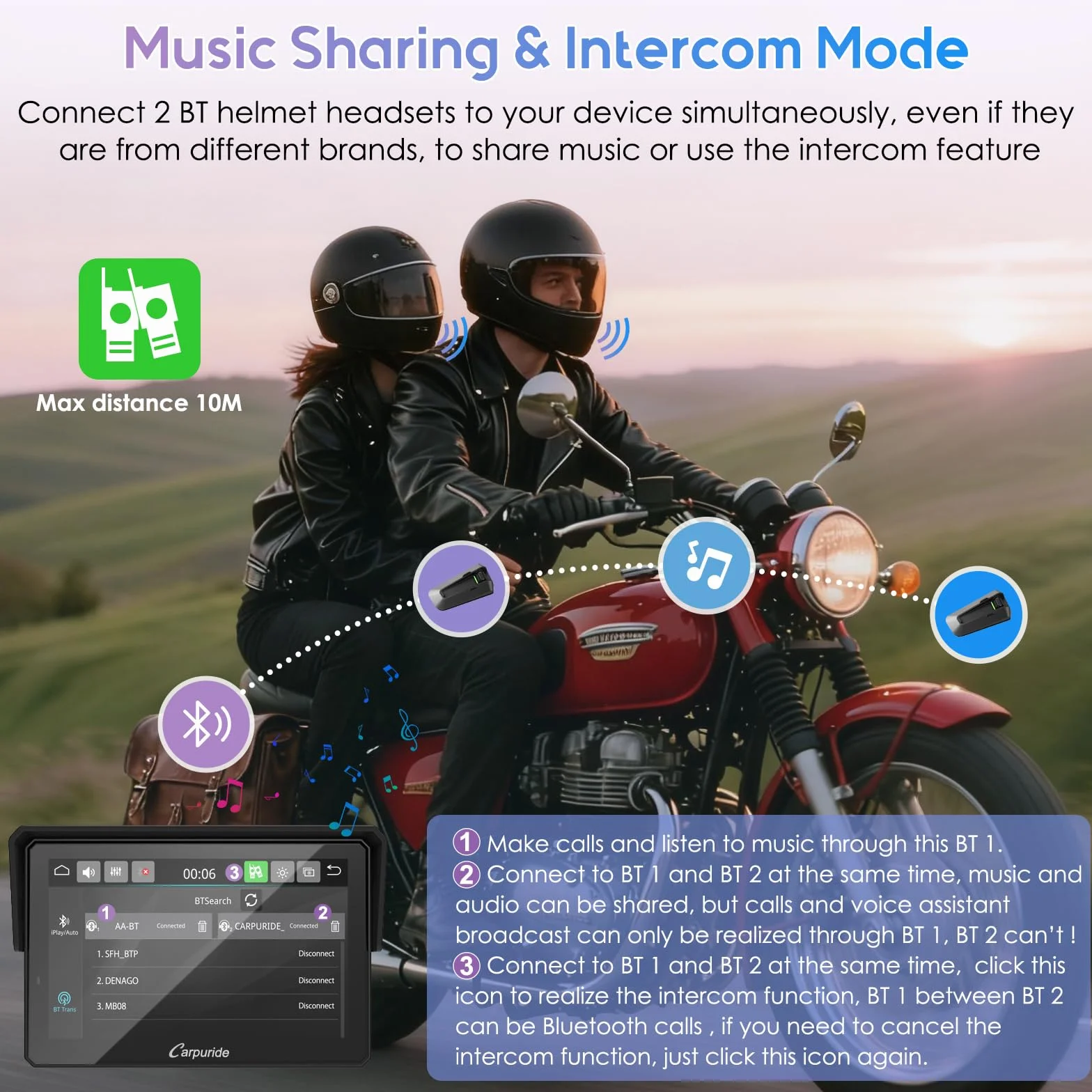 Carpuride W502TPRO per Moto con CarPlay, Android Auto, TPMS e Doppio Bluetooth - Schermo di Navigazione GPS Impermeabile da 5" per Moto, Interfono, Sensore di Luminosità, Bussola, Barometro