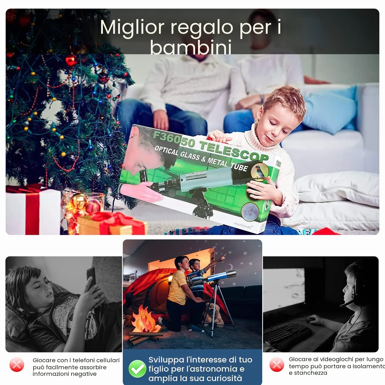 Telescopio Astronomico Bambini, Uverbon 360/50mm Telescopio Rifrattore con Treppiede Regolabile, 90X HD Spaziale Monoculare Esterno per Bambini e Principiante, Regalo Educativo di Natale o Compleanno