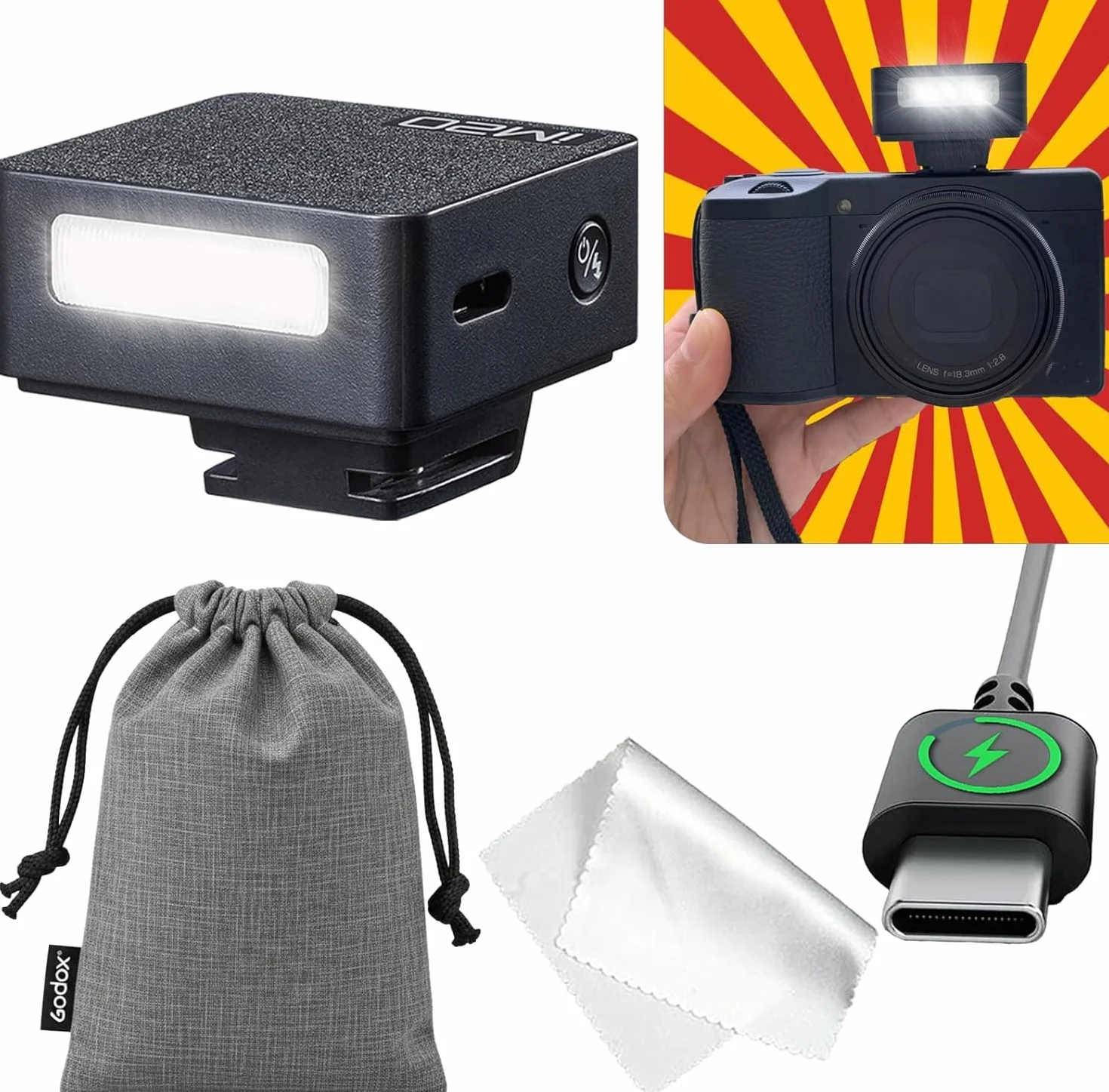 Godox iM20 Mini Flash Manuale per Fotocamera, 5 Livelli di Uscita, 440 Lampi a Piena Potenza, Ricarica USB-C