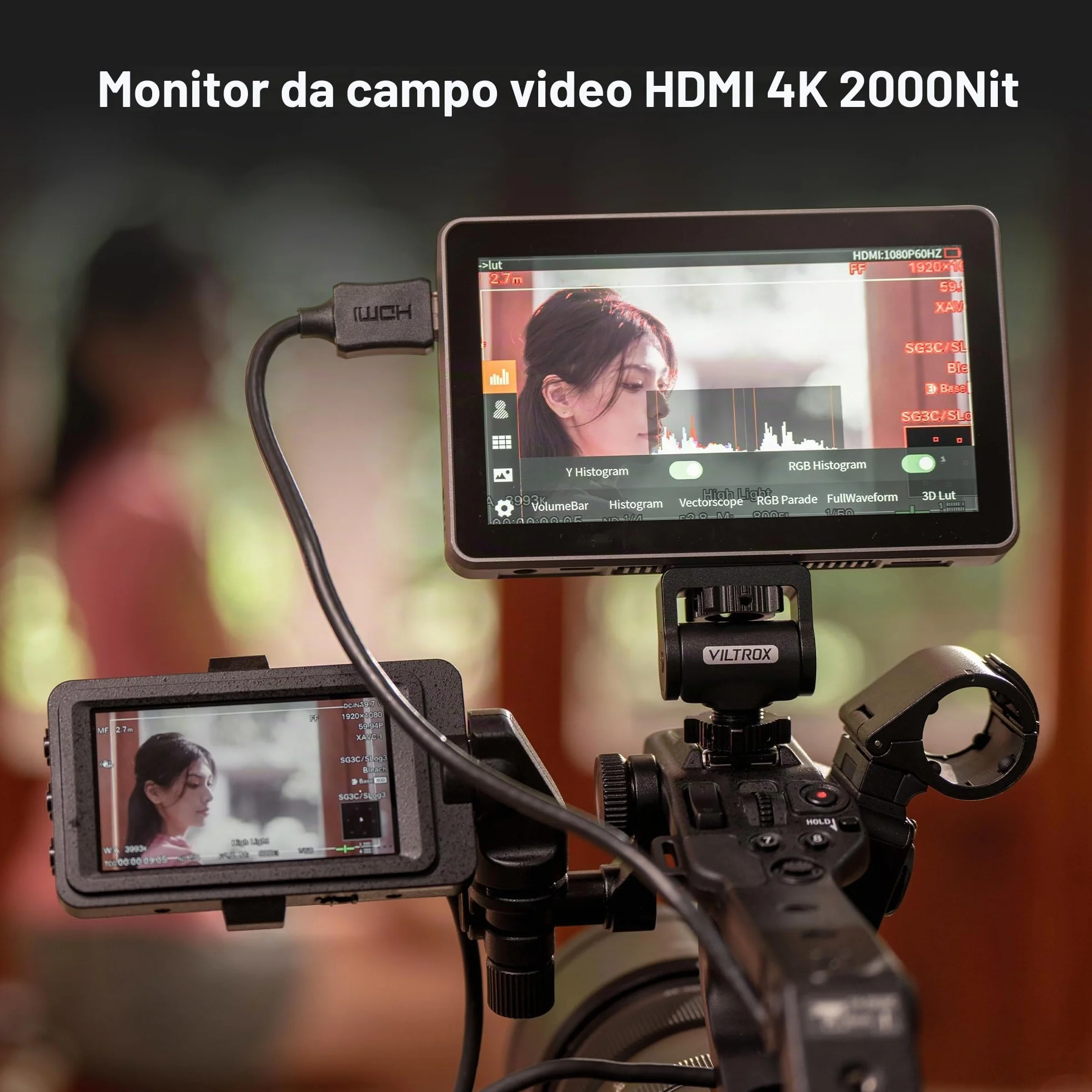 VILTROX - Monitor del campo della fotocamera da 6", 2000nit HD 1920x1080, schermo touch portatile, monitor video, 4K, HDMI, loop in/out, con LUT 3D, de-squeeze, Peak Focus, con parasole