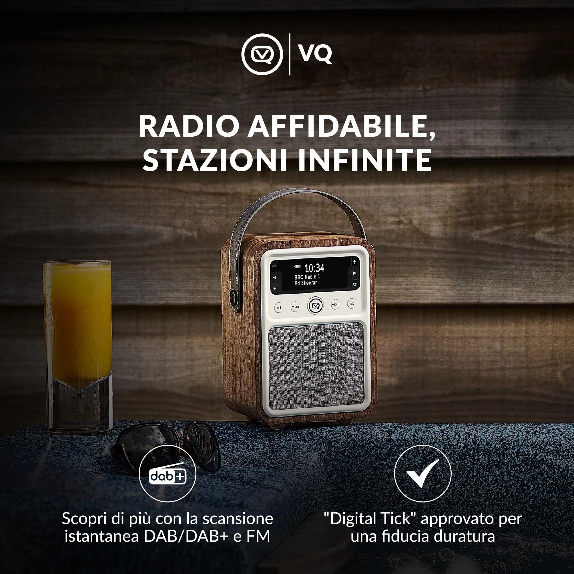 VQ Monty Radio DAB Plus/DAB con Cassa Bluetooth, FM e Radio Sveglia Funzione - Alimentata da Rete e Batteria Radio Portatile Vintage con Antenna, Presa Cuffie e Porta USB - Noce
