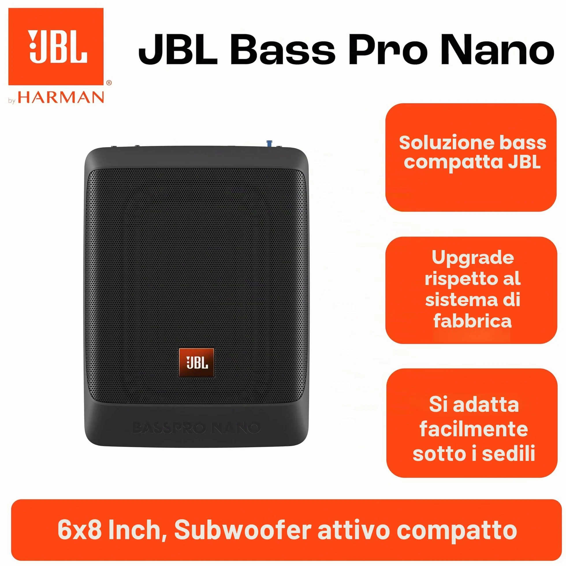 JBL BassPro NANO Subwoofer Attivo Auto Sotto il Sedile Ultracompatto 6" x 8" - Cassa JBL Subwoofer Auto Amplificato Sottosedile da 200 Watt
