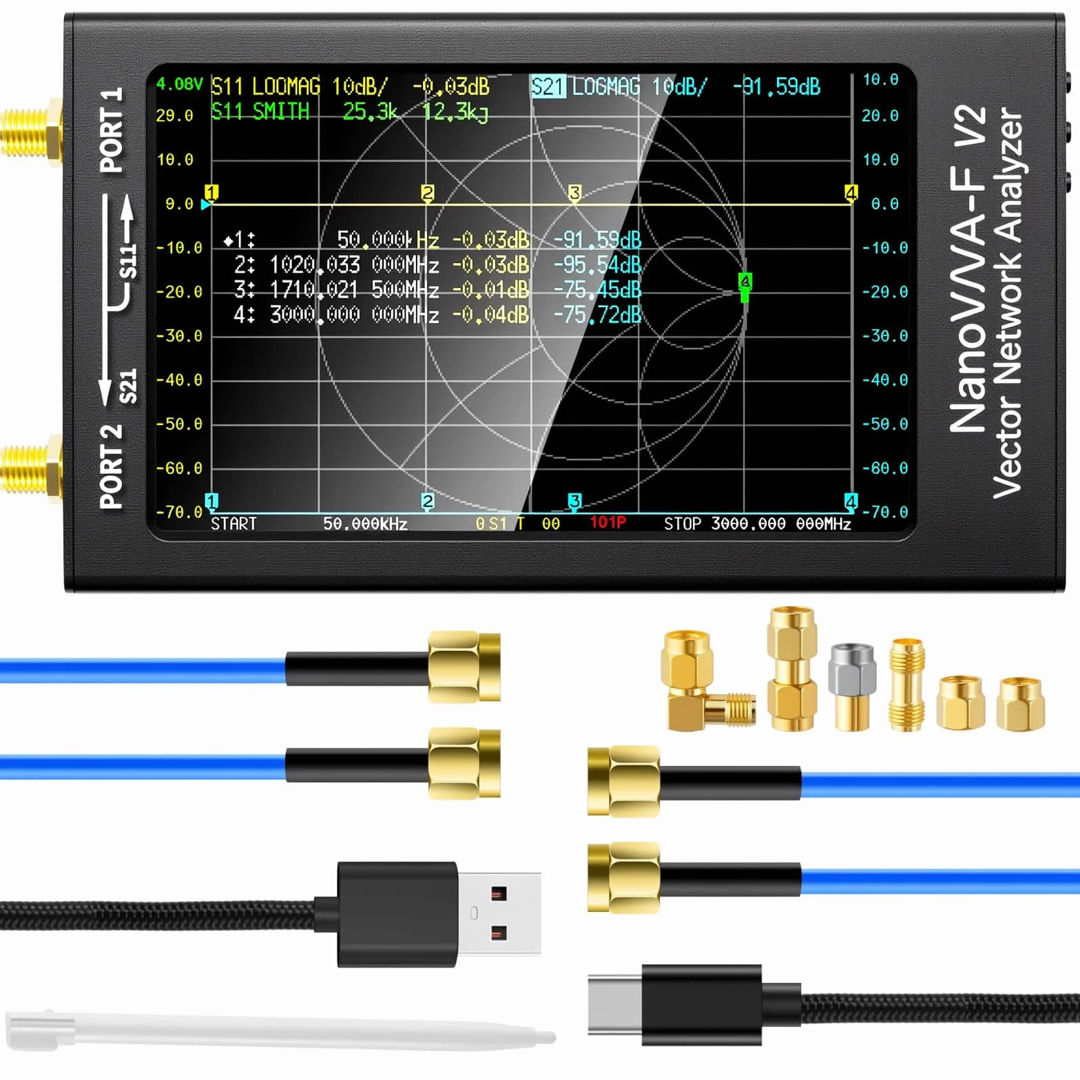 AURSINC NanoVNA-F V2 Ultimo Analizzatore di Rete Vettoriale 50KHz-3GHz HF VHF UHF VNA Schermo LCD da 4,3 Pollici Analizzatore di antenna - Misurazione dei Parametri S, Fase, Ritardo, Diagramma Smith
