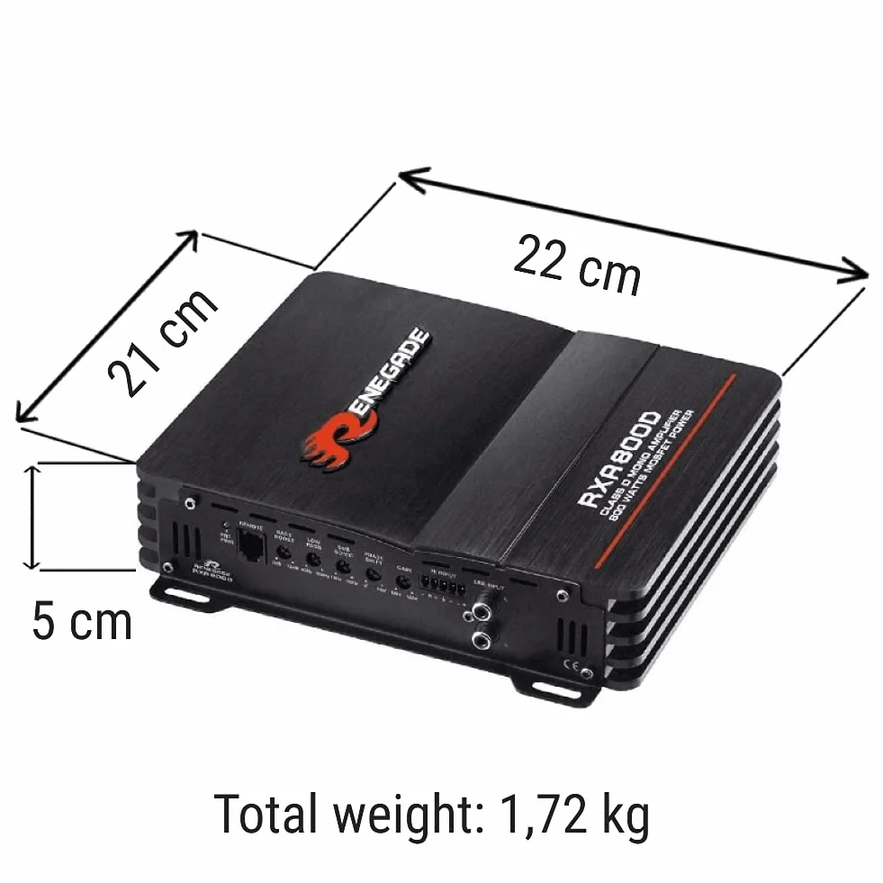 1 amplificatore monofonico RENEGADE RXA800D RXA 800 D 1 canale classe d 400 watt rms 800 watt max bass boost specifico per subwoofer, 1 pezzo