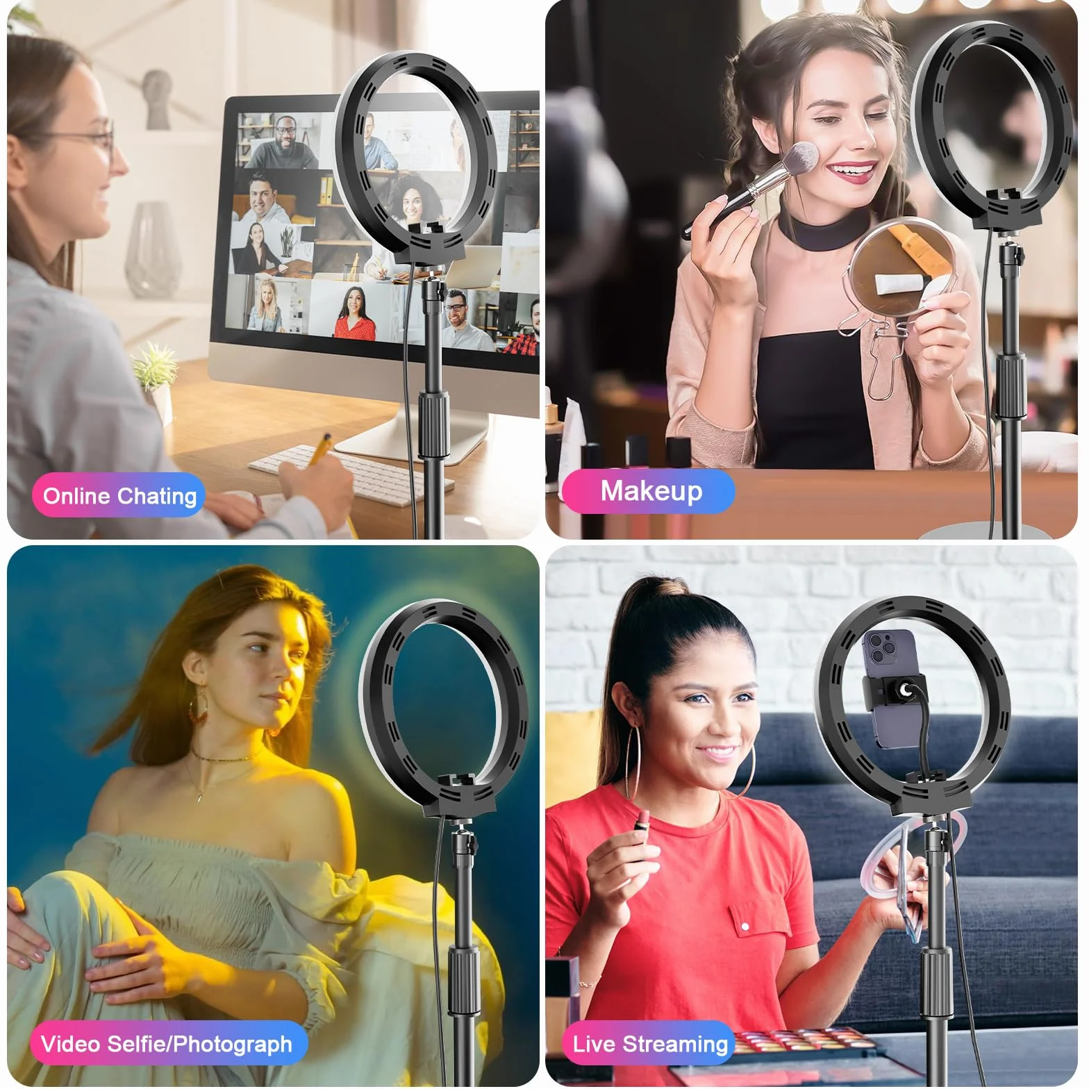 PEYOU Anello luminoso con supporto e supporto per telefono, desktop dimmerabile da 10" 【RGB e LED】 Luce circolare per riunioni Zoom/streaming live/video/YouTube/Tiktok/Vlog