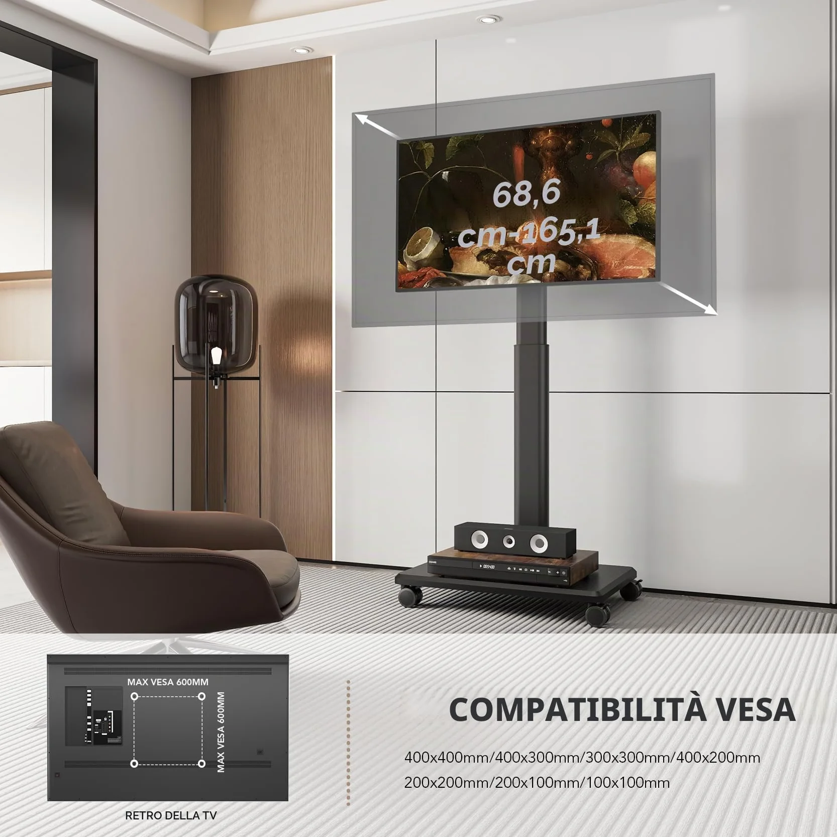 AX WABER Supporto TV Mobile con Ruote Bloccabili, Carrello Portatile per TV 27-65", Regolabile 9 Posizioni, VESA MAX 400x400, 40kg, per Casa/Ufficio