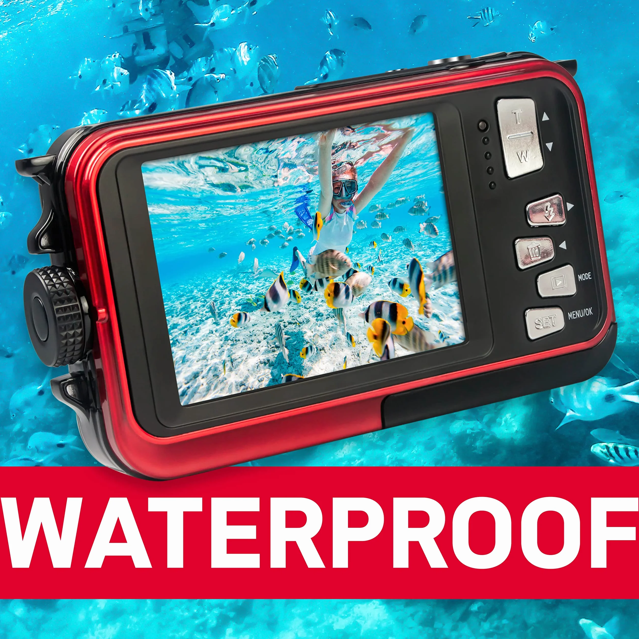 AGFA PHOTO Realishot WP8000 - Fotocamera Digitale Impermeabile, 24 MP, Video Full HD, Doppio Schermo LCD, Zoom Digitale 16x, Stabilizzatore Digitale, Batteria al Litio - Rosso
