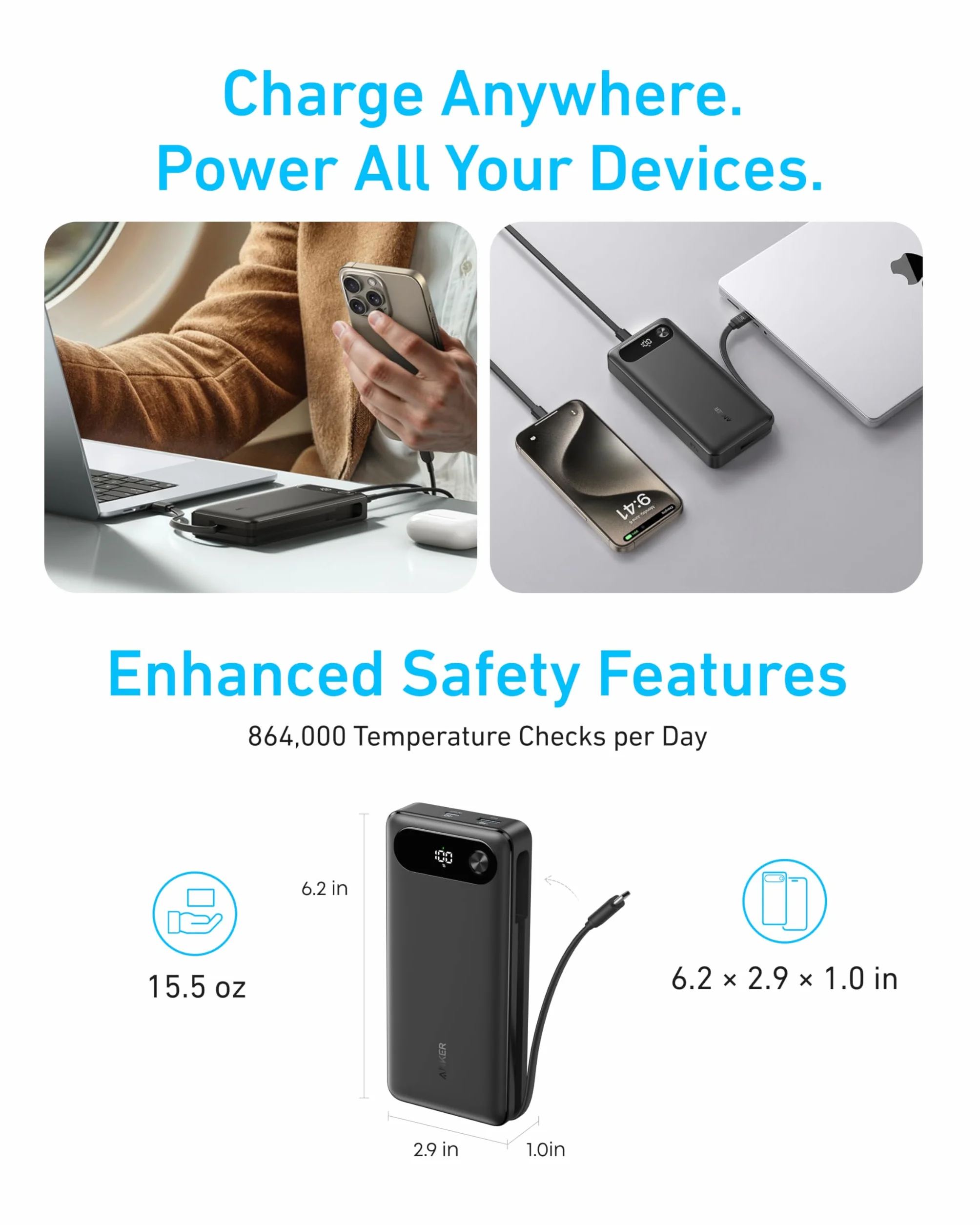 Anker Power Bank, Caricabatterie Portatile da 20.000 mAh, con Cavo USB C Integrato, Batteria a Ricarica Rapida 87 W, 2 USB-C e 1 USB-A, per MacBook, iPhone 17/16 Serie, Samsung, Switch, e Altro Ancora