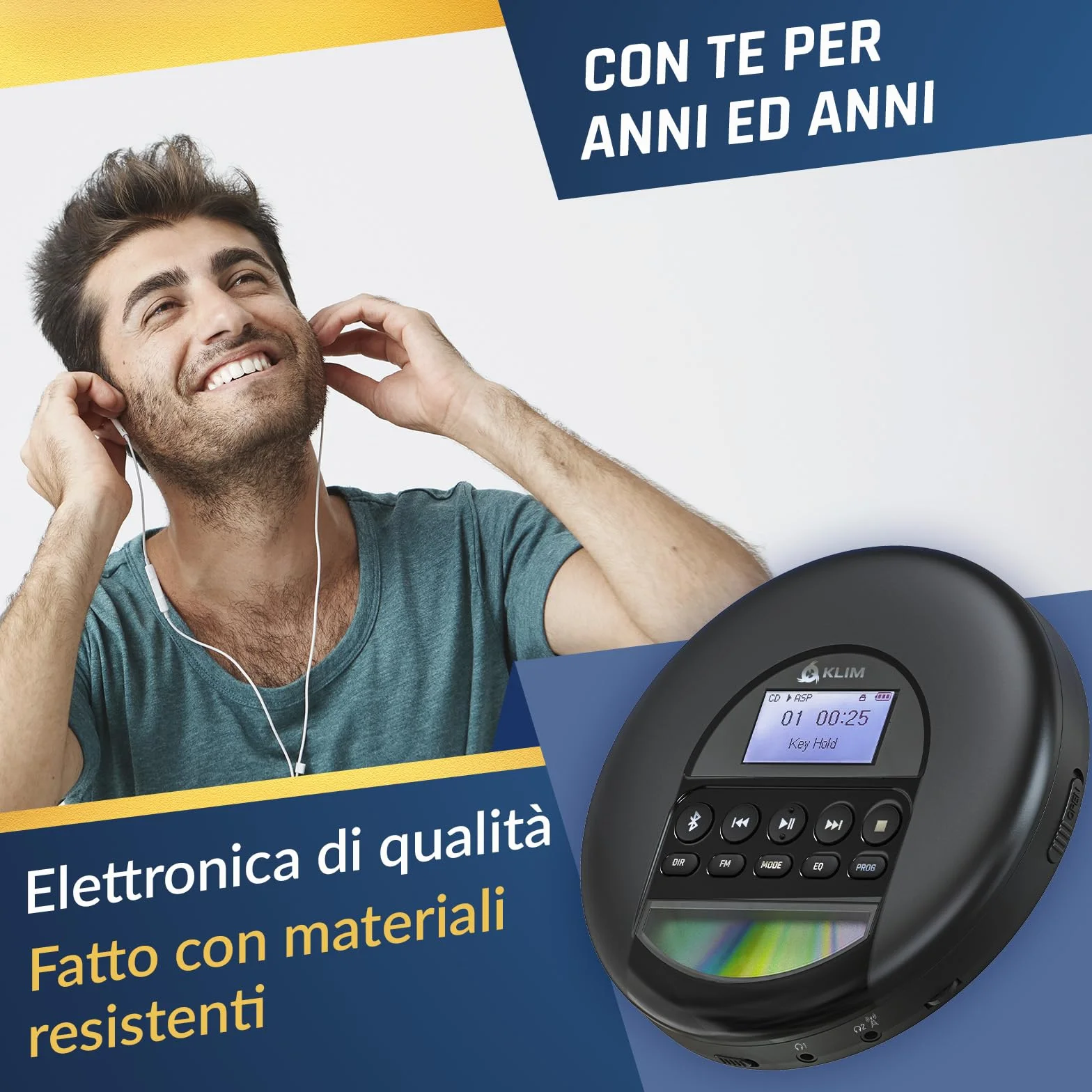 KLIM Nomad - Lettore CD Portatile - Batteria a Lunga Durata - Include Auricolari KLIM Fusion - Compatibile con CDR, CDRW, MP3 - Lettore SD, Radio FM, Bluetooth - Ideale per Auto - Hi-Fi - Argento