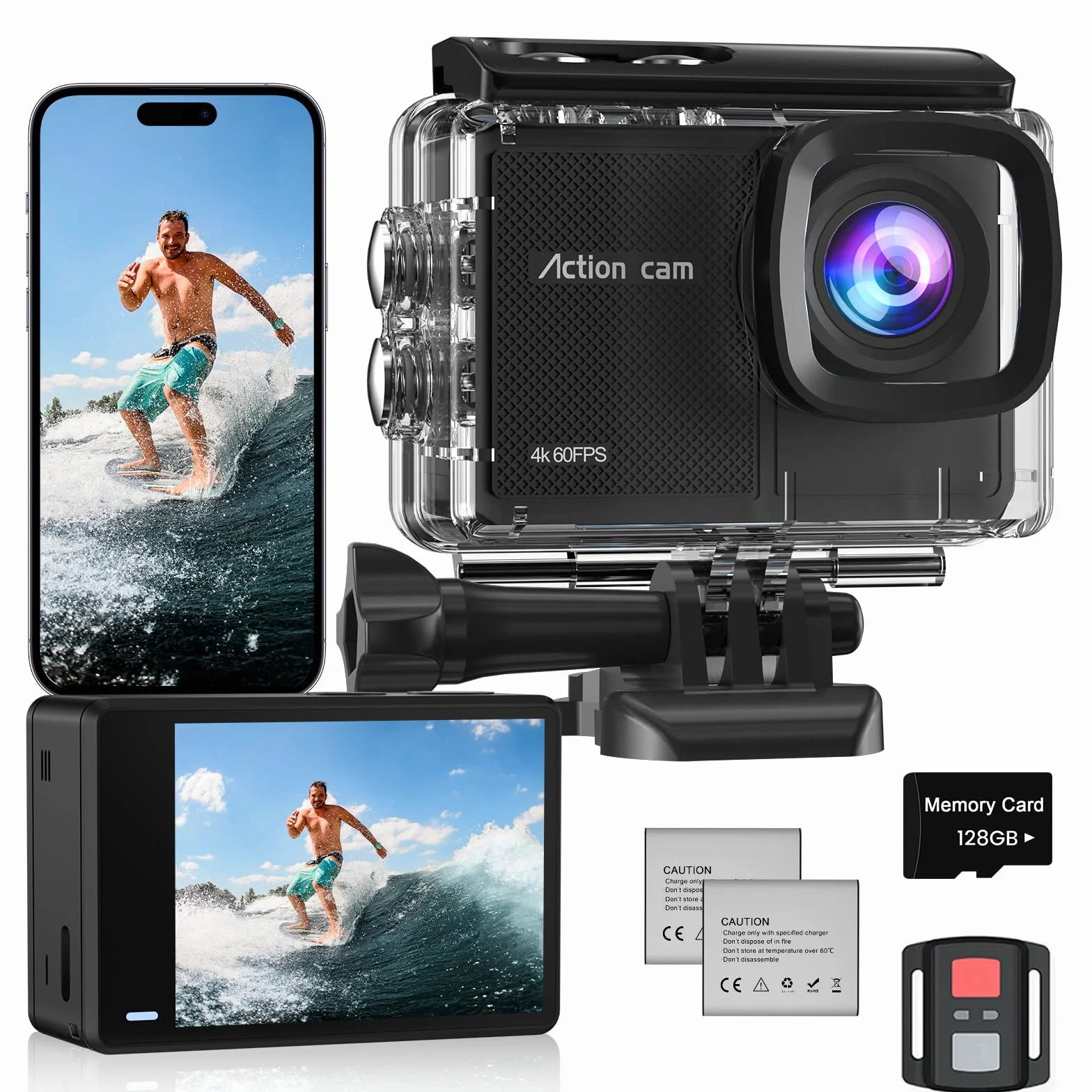 Action Cam 4K60FPS con Scheda Da 128GB, 131FT Fotocamera Subacquea con 8X Zoom,48MP HD WIFI Videocamera 170° Telecamera EIS,Telecomando 2x1350mAh Batterie