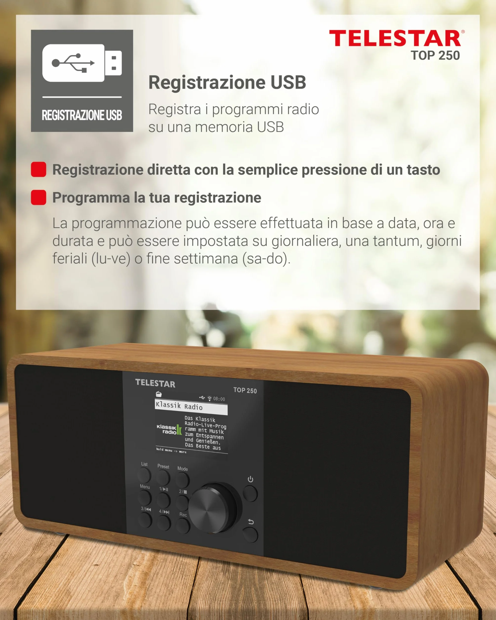 TELESTAR TOP 250 Radio DAB+ Internet Bluetooth Audio-Streaming 2x10W USB registrazione Legno