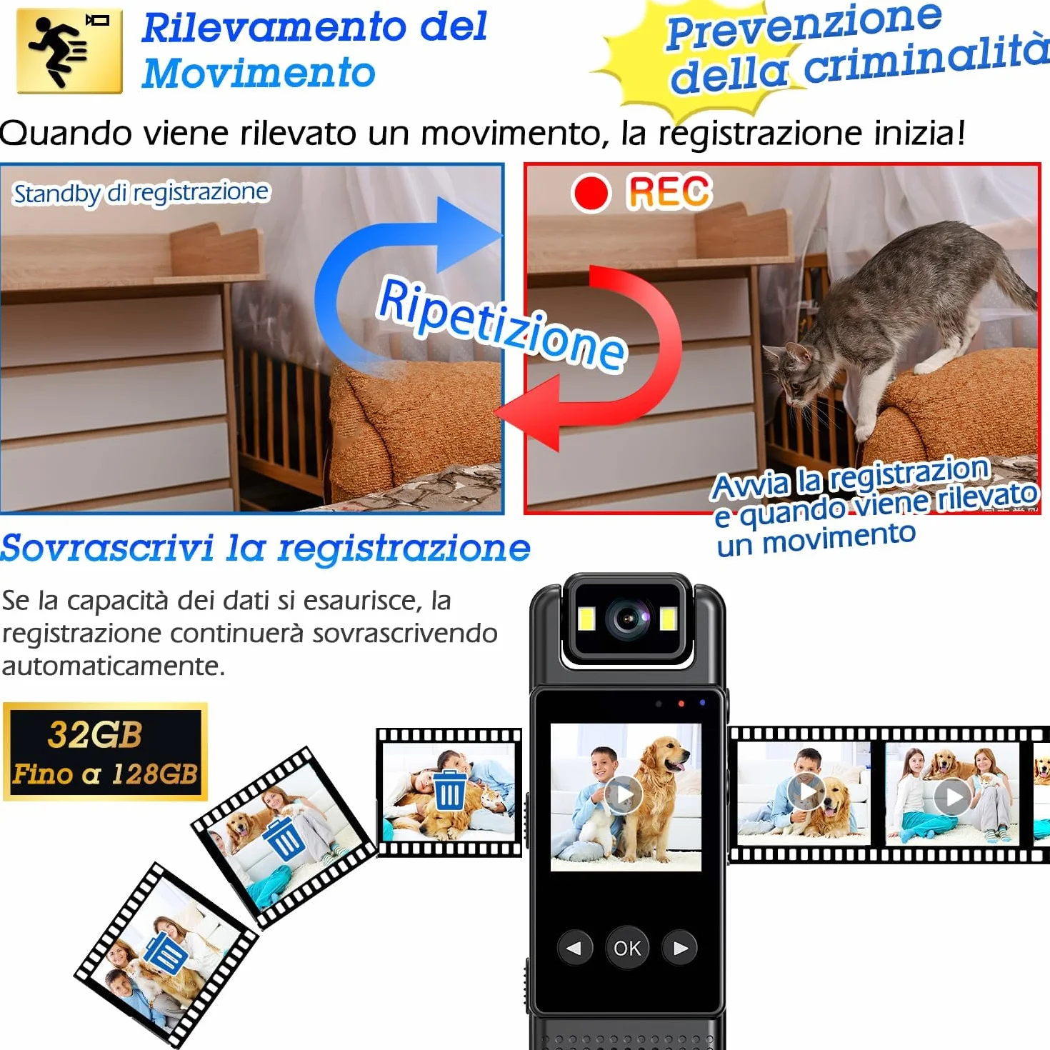 Body Cam 1080P con Audio, Mini Telecamera Portatile con Foto, Rilevamento del Movimento e Visione Notturna, Videocamera di Sicurezza per Uso Personale, Corsa e Lavoro