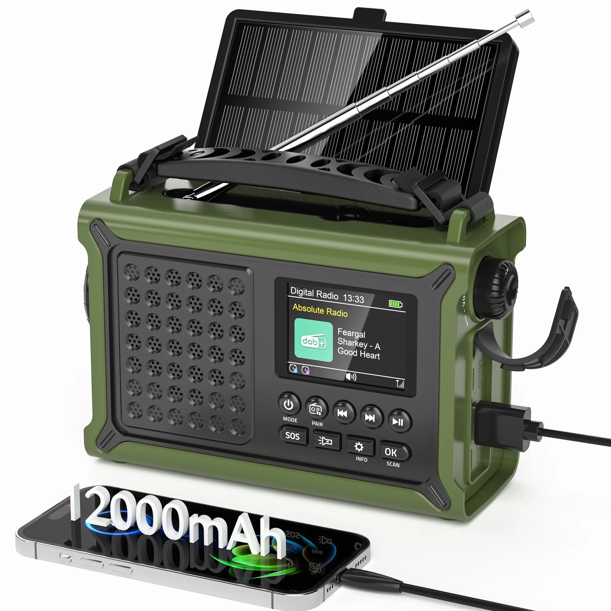 Radio Portatile DAB/DAB+/FM con Display a Colori da 2,4", Radio Manovella con Pannello Solare da 8500 mm², Batteria Ricaricabile, Uscita Cuffie, 80 Stazioni Preimpostate, per Ourdoor, Emergenza