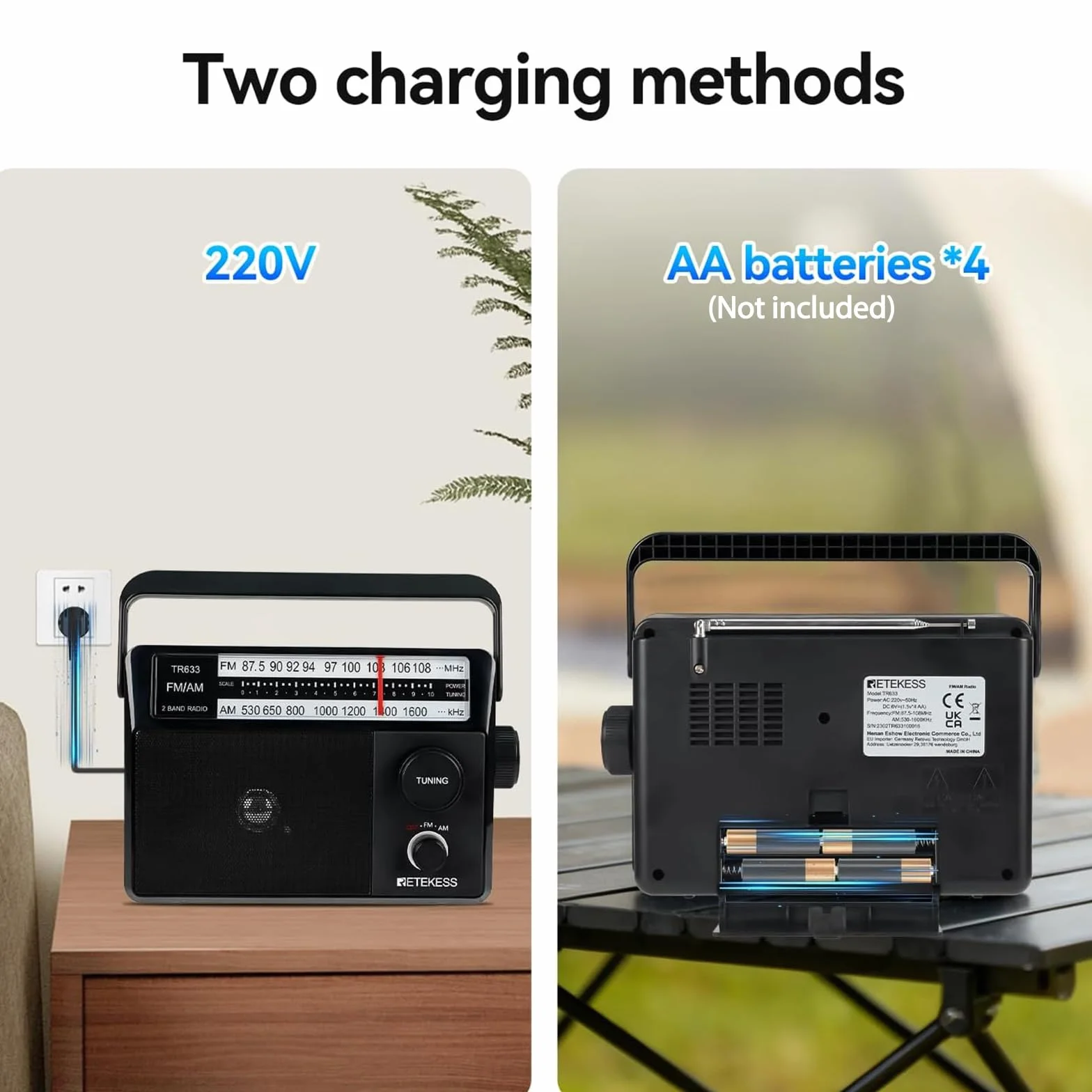 Retekess TR633 Radio Portatile, AM FM Radio,Transistore Radiolina Portatile, Jack per Cuffie,Con Altoparlante Grande, Semplice per anziani,Cucina,Per Camera da Letto(Nero)