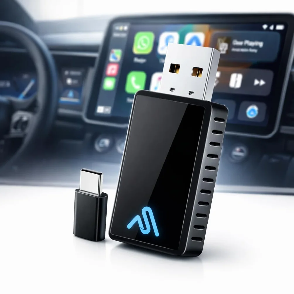 AutoSky Adattatore Wireless CarPlay e Android Auto 2-in-1, Dongle USB Pro Convertitore Cablato in Wireless, WiFi 5GHz, Plug & Play per Auto dal 2016, Design Nero Lucido Compatto, No Lag