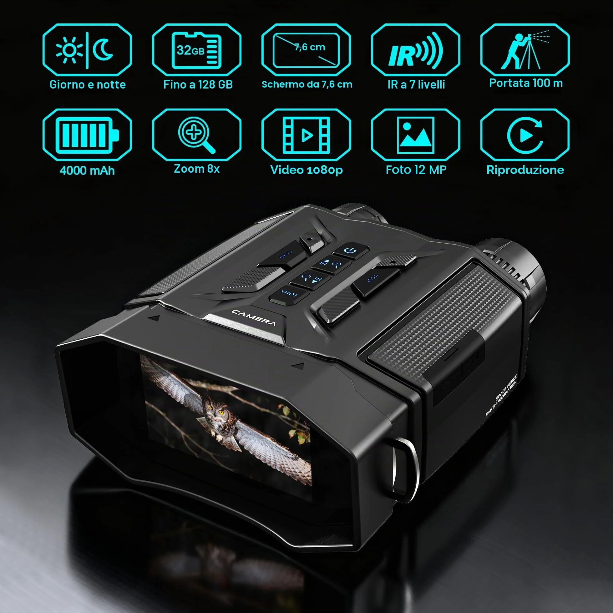 Visore Notturno con Scheda 32GB, Binocolo Visione Notturna Zoom 8X, Schermo 3.0'', Video Binocolo Interattivo Batteria 4000mAh, IR 7 Livelli, Regalo Uomo & Papà