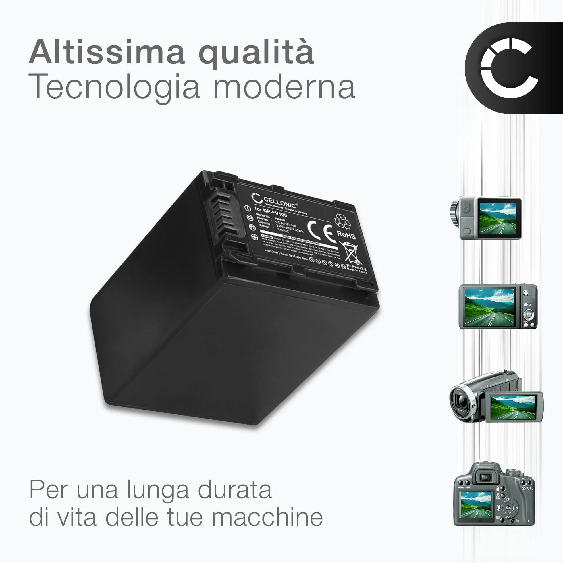 CELLONIC 1x Batteria per Fotocamera Compatibile con Sony FDR-AX33, HDR-CX250, HDR-CX270, NP-FV70 – (3300mAh, 7.4V)