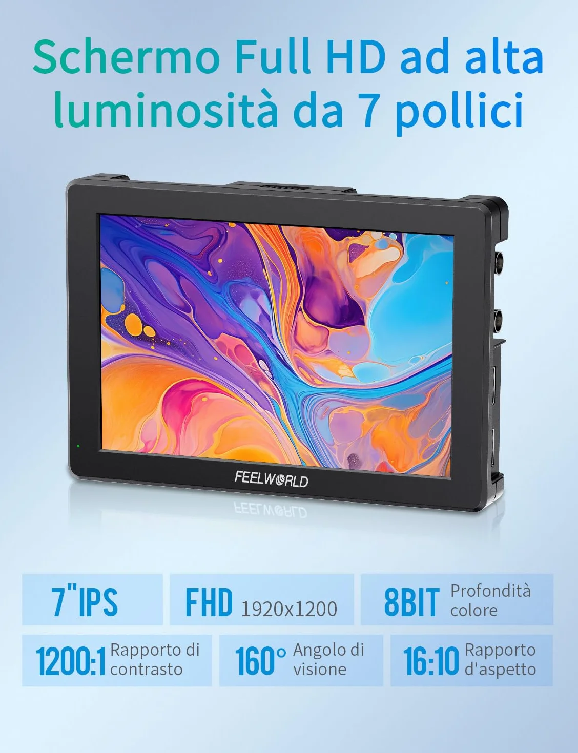FEELWORLD T7SPRO 2000nit Monitor da Campo da 7 pollici in alluminio per videocamera Monitor con ingresso/uscita SDI HDMI 4K LUT 3D Forma d'onda 9:16 Marker F750 Batteria da 4400 mAh