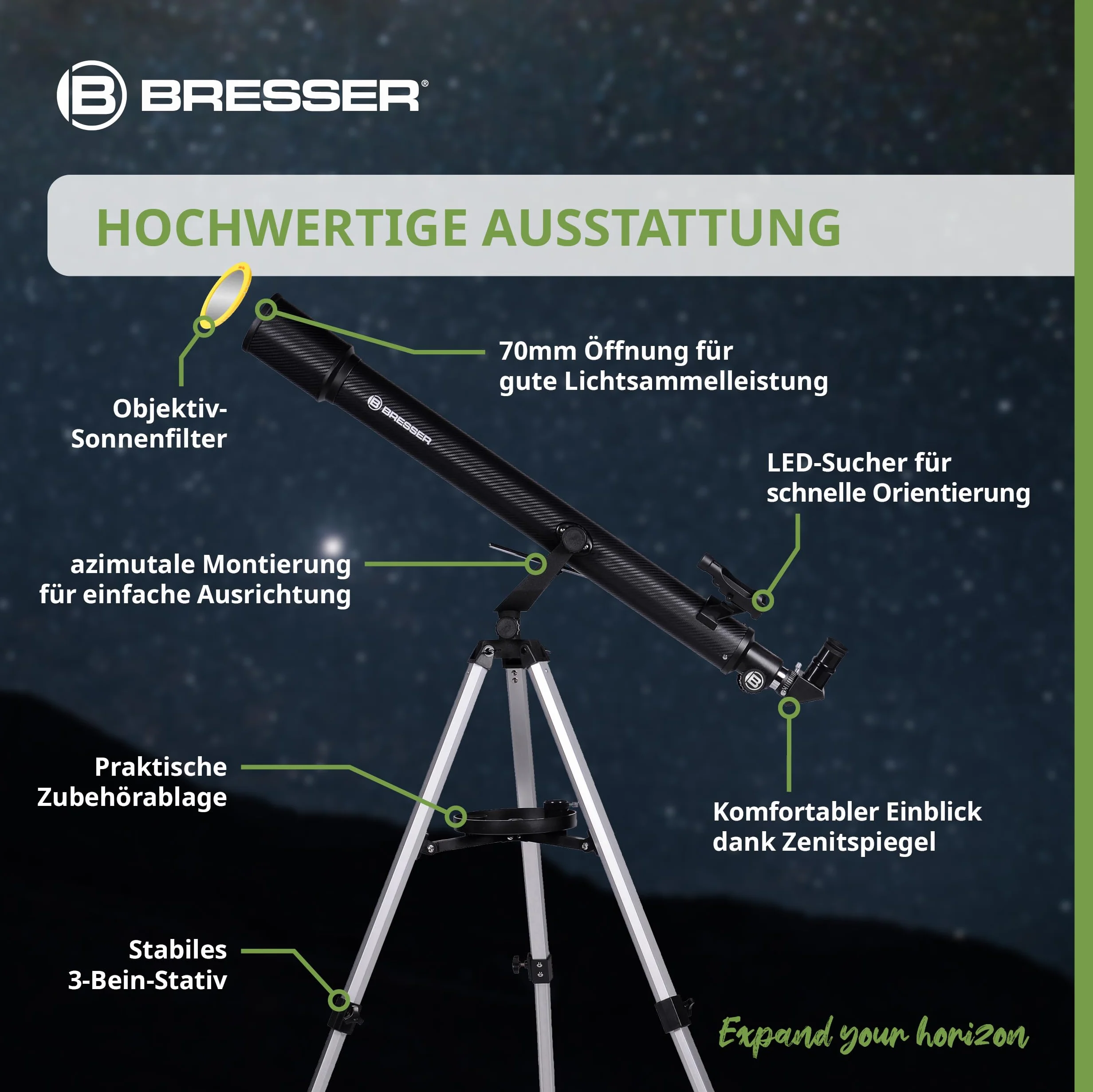 BRESSER Telescopio rifrattore Bresser Sirius 70/900 AZ con adattatore per fotocamera smartphone