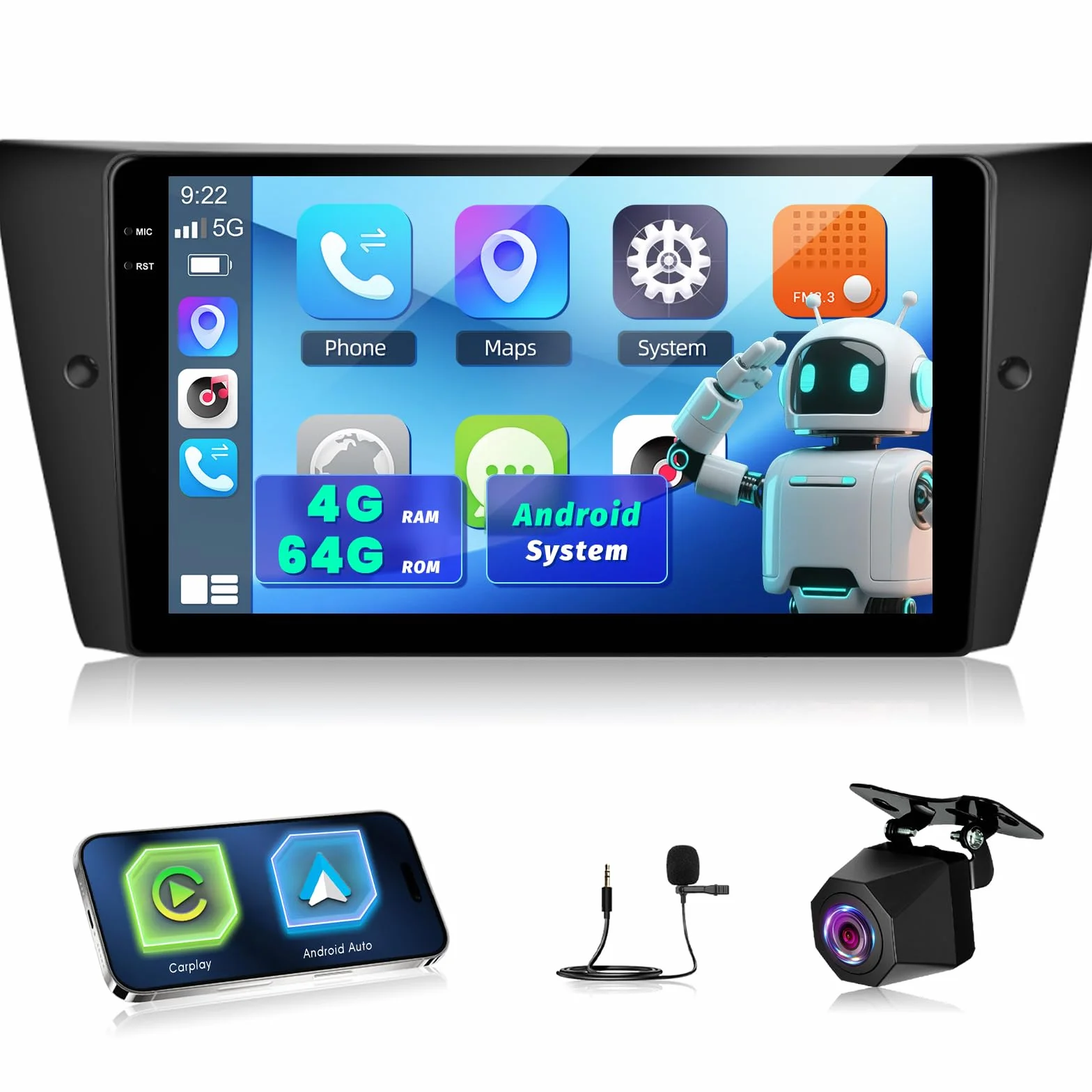 NHOPEEW 4+64G Autoradio per BMW Serie 3 E90 E91 E92 E93 2005-2013 con Wireless Carplay e Android Auto - Schermo incell da 9 pollici Supporto WiFi GPS Comandi al volante + Telecamera di retromarcia