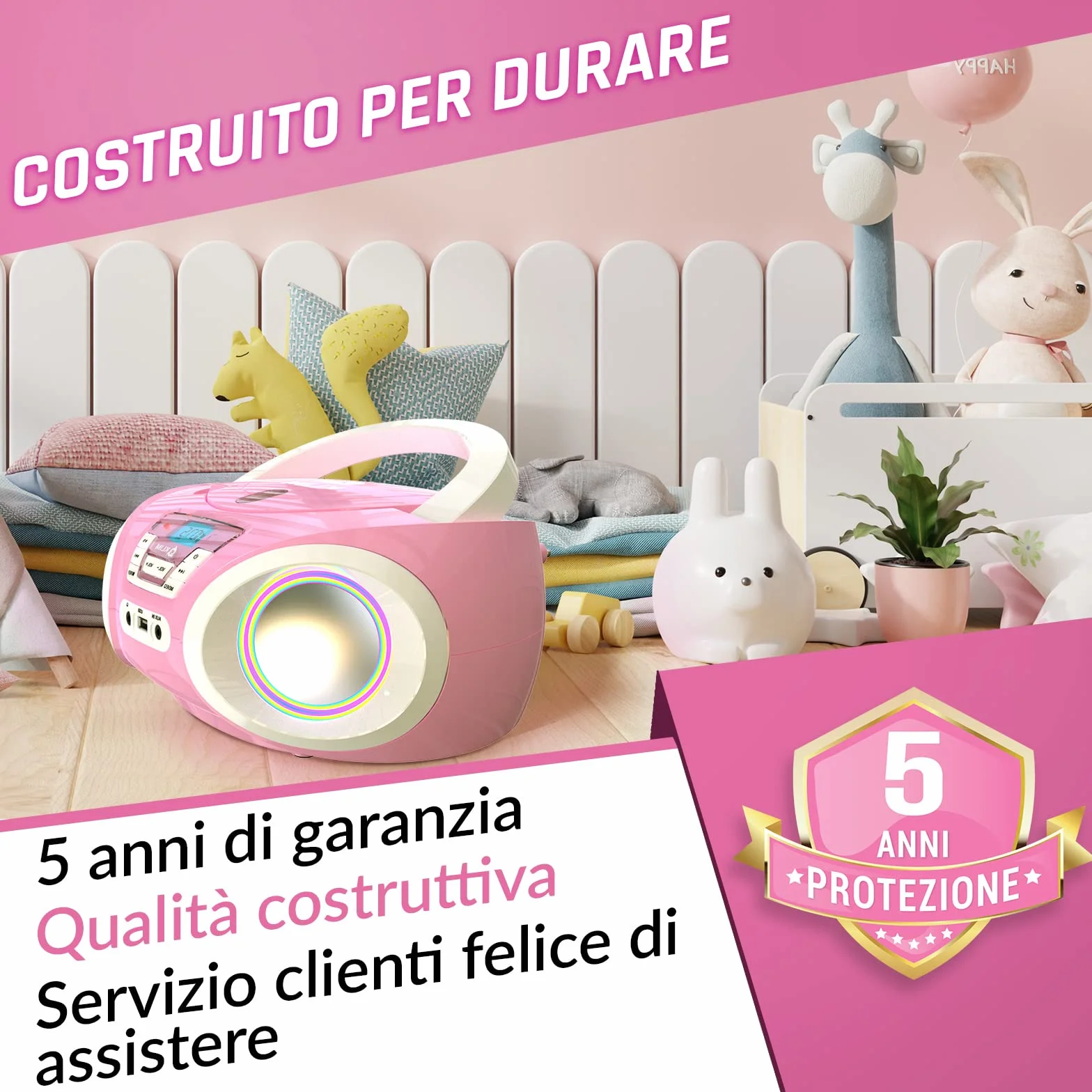 KLIM Candy BAMBINI Stereo per bambini NUOVO - Radio FM - Batterie incluse - Lettore CD Rosa con altoparlanti e Radio - Regalo Perfetto per Bambini e Bambine