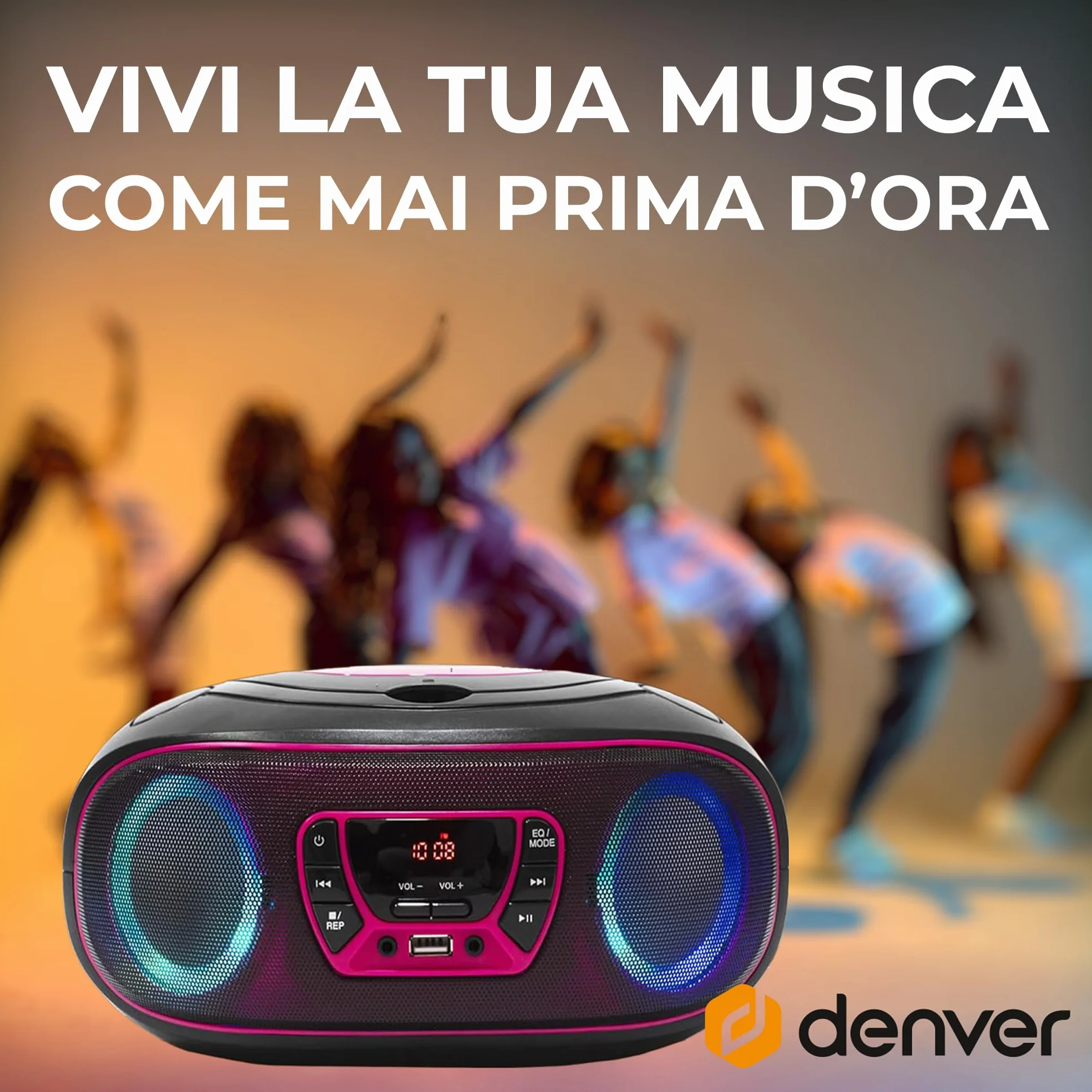 Lettore CD Portatile con Bluetooth Denver TCL-212BT Rosa. Boombox. FM Radio. Volume 2x2W. Ingresso USB, AUX e per Cuffie. Effetto luci.