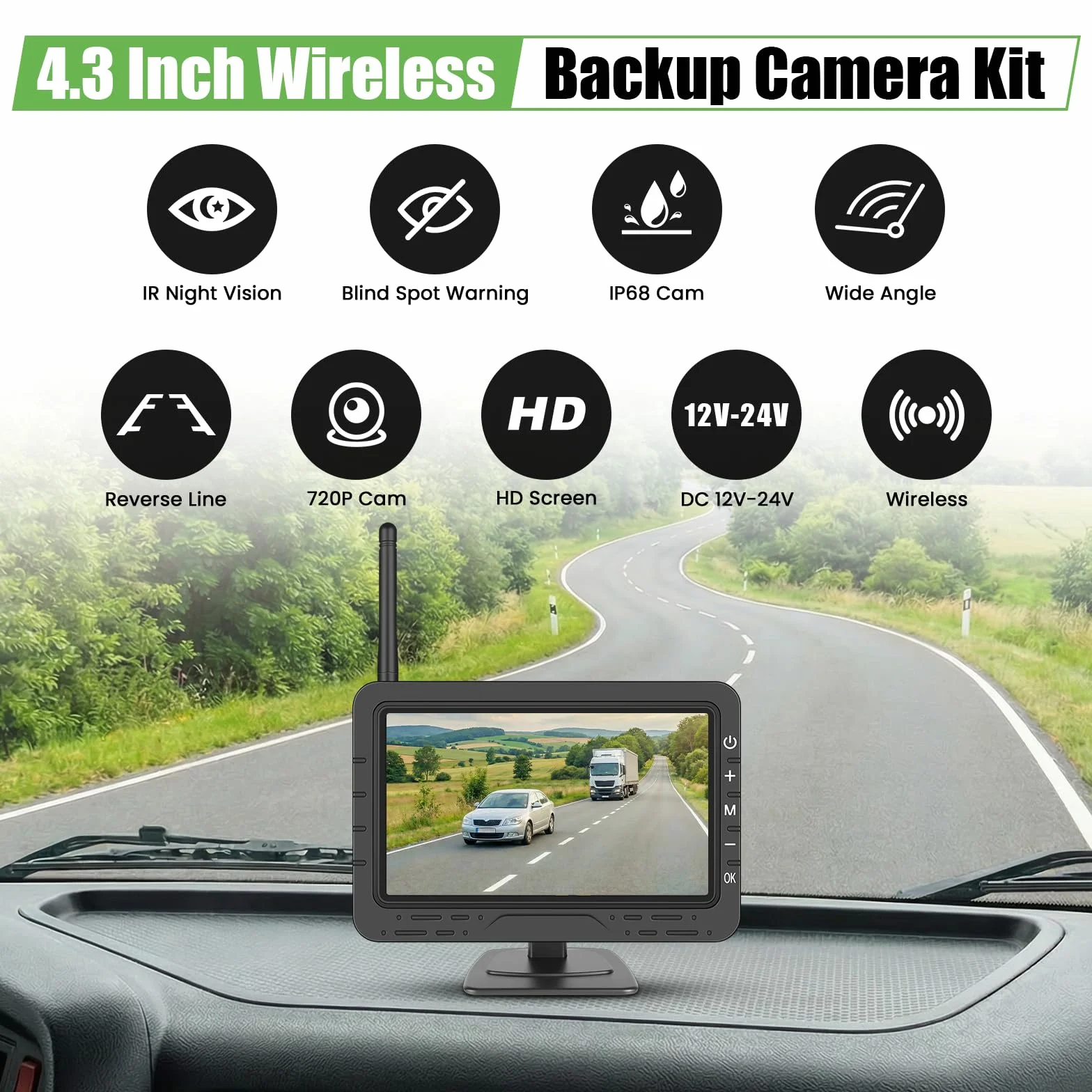 Telecamera di retromarcia wireless IP68 impermeabile con visione notturna, camera grandangolare con monitor display TN da 4,3 pollici, dispositivo di visione notturna ad alto rendimento