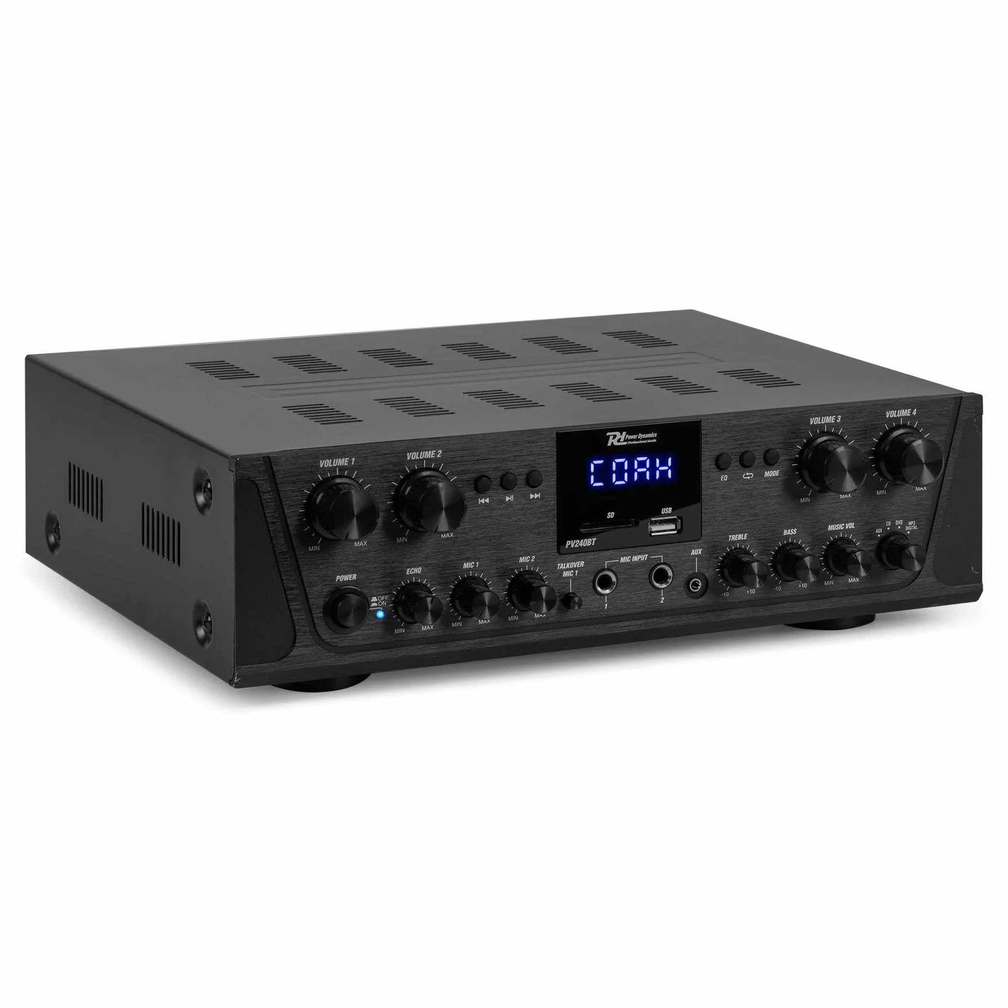 Power Dynamics PV240BT 4-zone versterker met Bluetooth, radio & mp3 speler, 8x 50W, Zwart