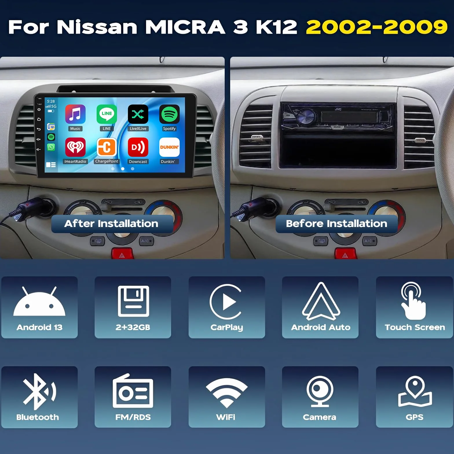 2 + 32 G Android 13 Autoradio per Nissan Micra 3 K12 2002 – 2009 con CarPlay Android Auto 9 pollici Navigazione GPS Auto Radio Display con Bluetooth WiFi SWC + Telecamera posteriore AHD