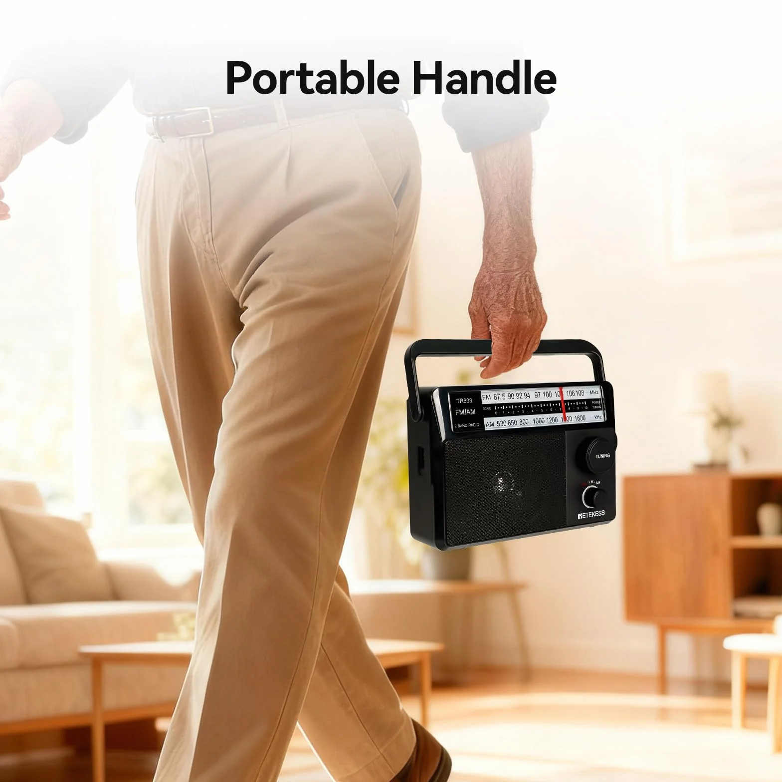 Retekess TR633 Radio Portatile, AM FM Radio,Transistore Radiolina Portatile, Jack per Cuffie,Con Altoparlante Grande, Semplice per anziani,Cucina,Per Camera da Letto(Nero)