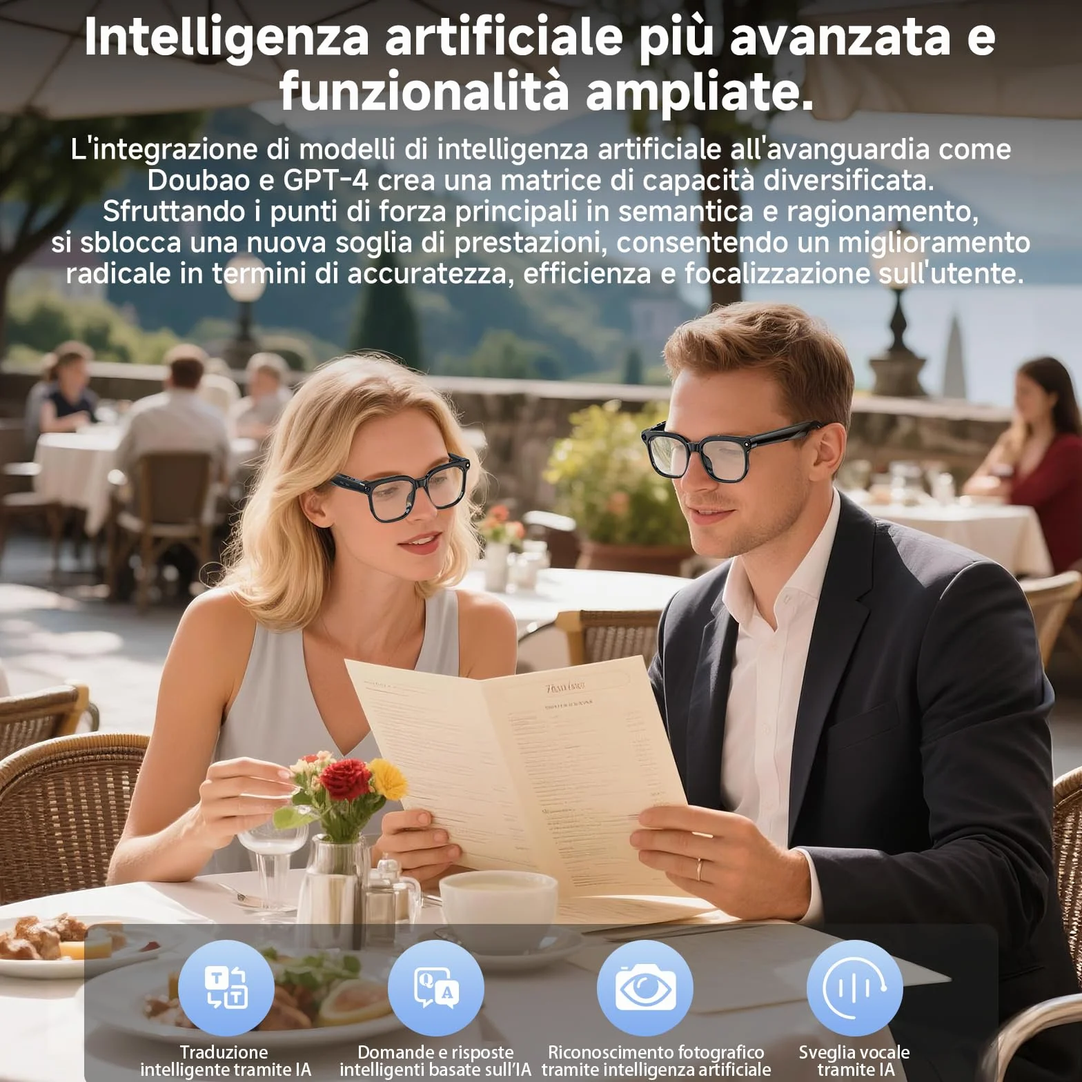 Occhiali intelligenti AI, Smart Glasses con 8K Fotocamera, 2 Paia di Lenti, registrazione video e audio HD 1080p, riproduzione musicale/Chiamate Bluetooth/Assistente AI/traduzione in tempo reale