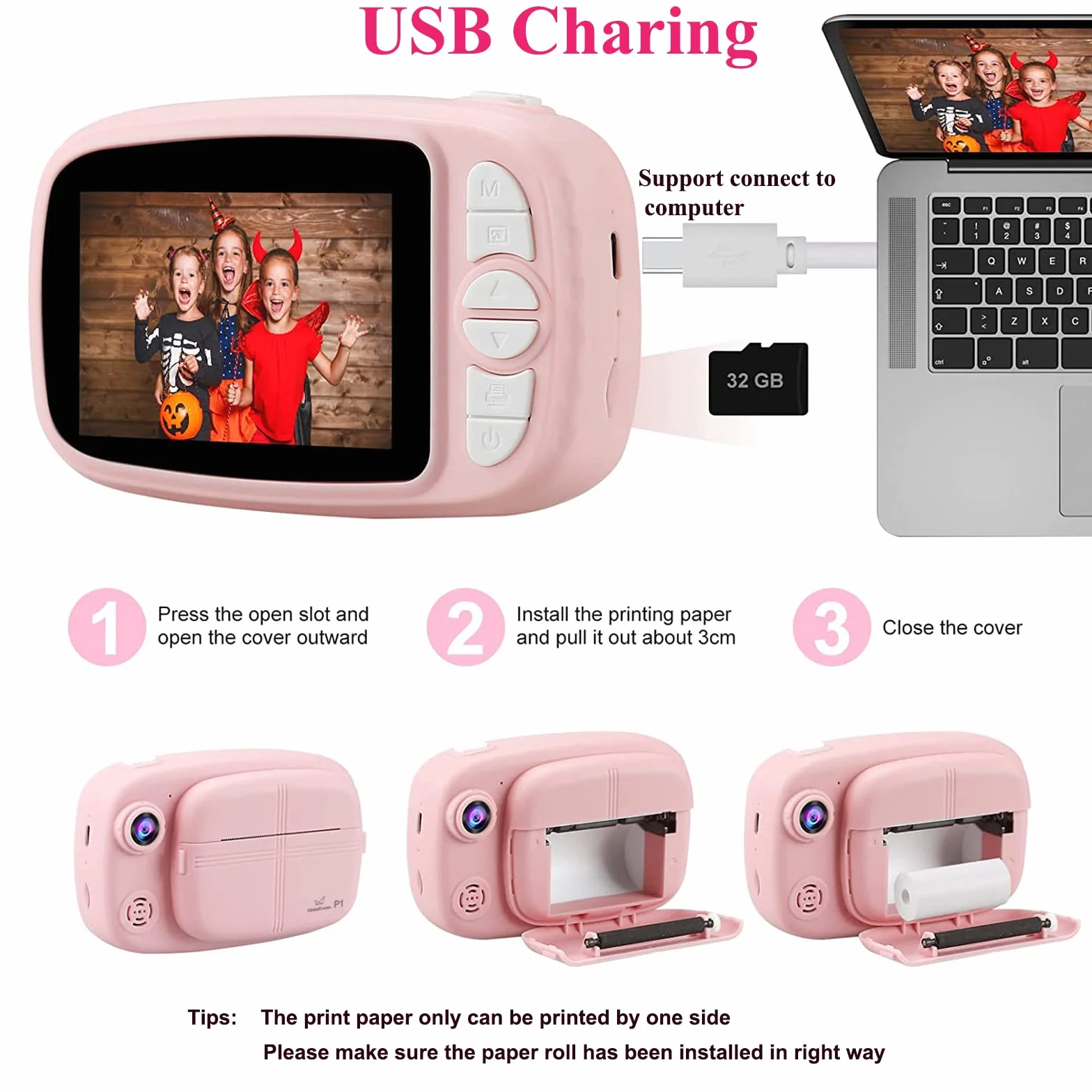GlobalCrown Macchina Fotografica bambini Istantanea,Fotocamera Istantanea per bambini Video Fotocamera digitale 3,5 Pollici Schermo regali per 3-12 anni (incluso 4 rotoli carta di stampa e 32GB Card)