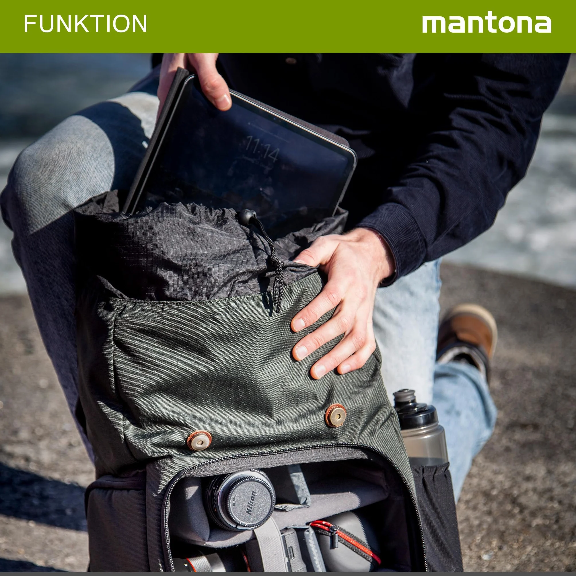 Mantona Luis Retro Zaino fotografico verde, per fotocamera con copertura antipioggia, borsa fotografica con scomparto per laptop, DSLR, 3 obiettivi e accessori fotografici